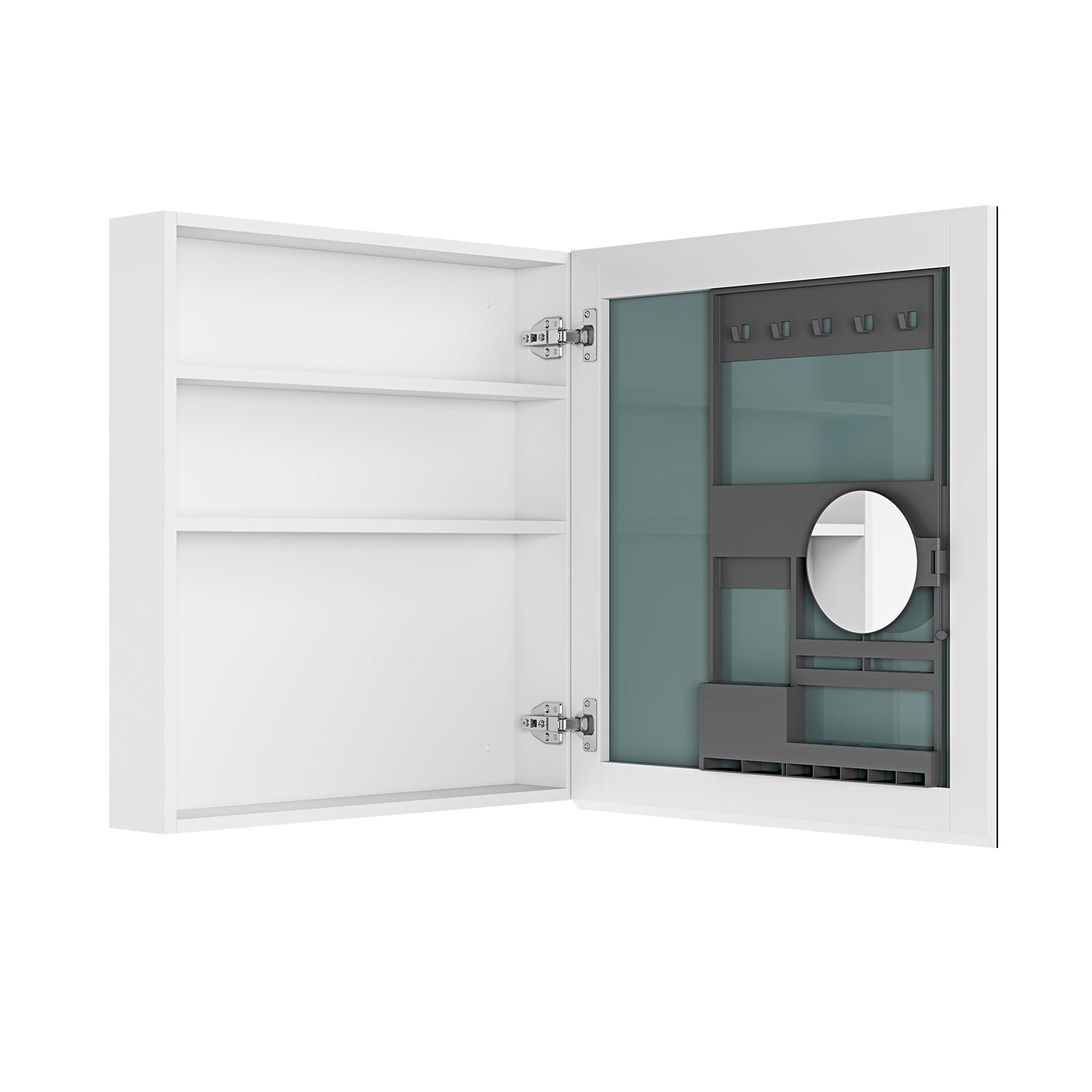White recessed medicine cabinet with mirrored door and internal shelves