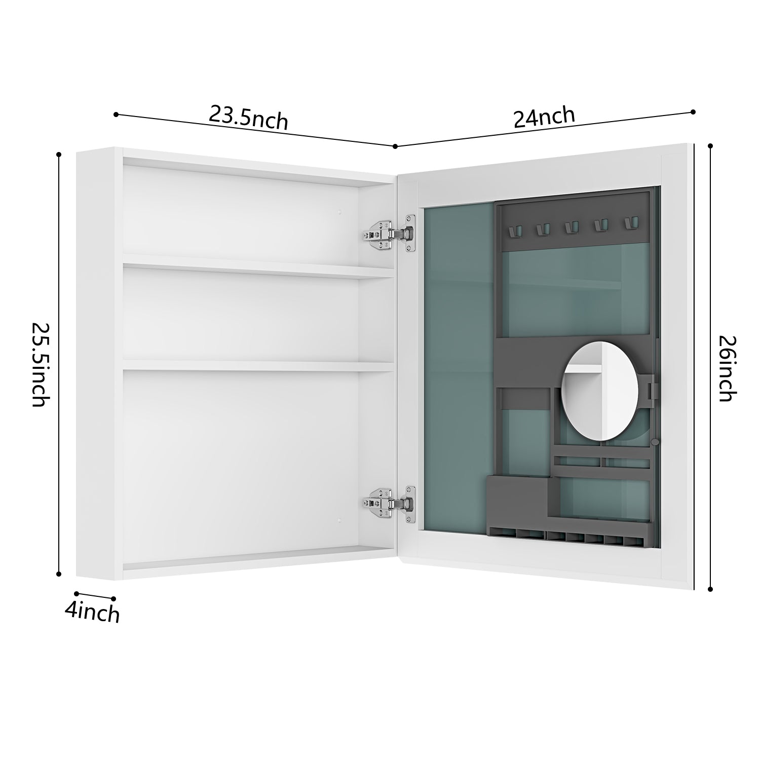 White medicine cabinet with open door revealing shelves and interior organizer