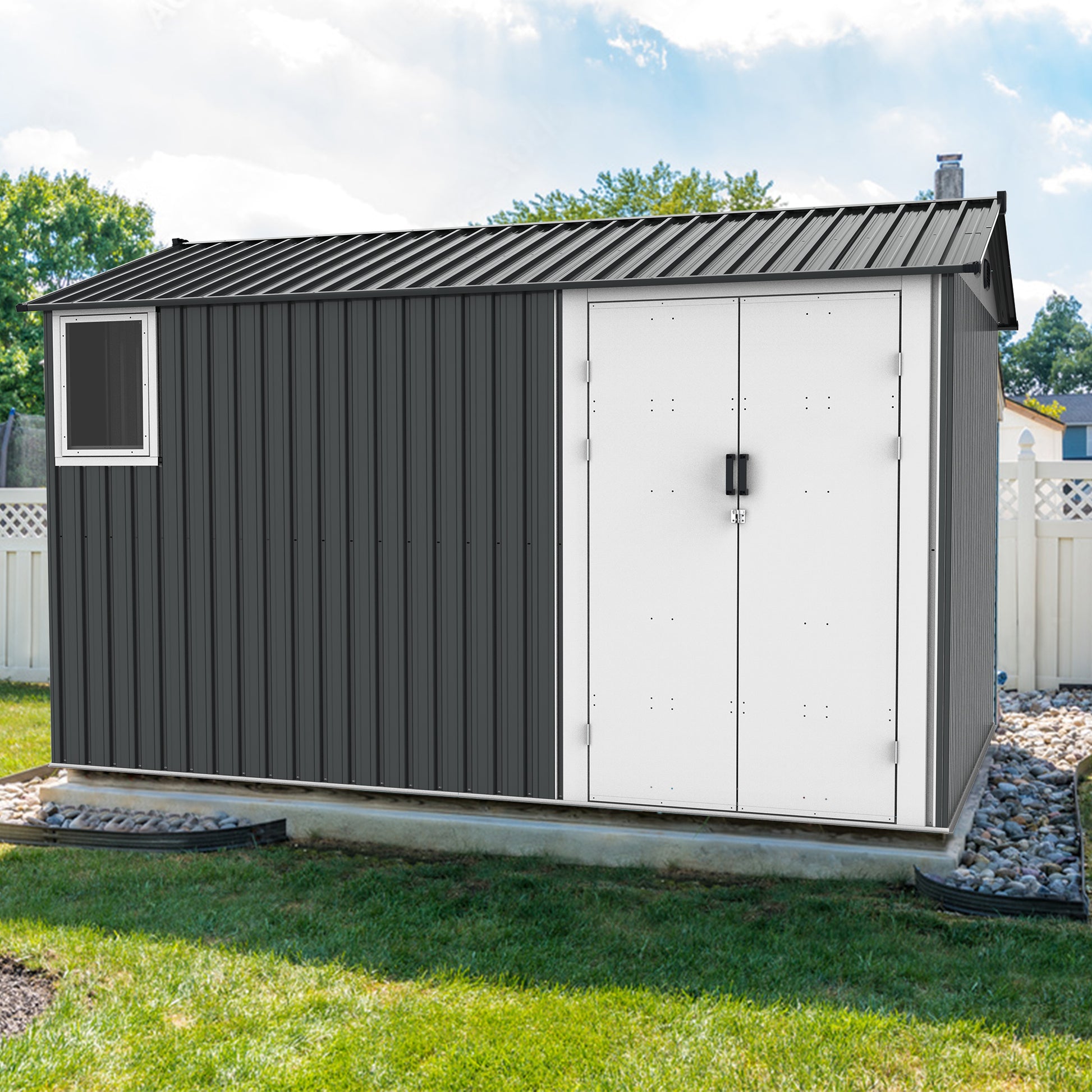 Dark grey metal outdoor storage shed with white double doors and a window