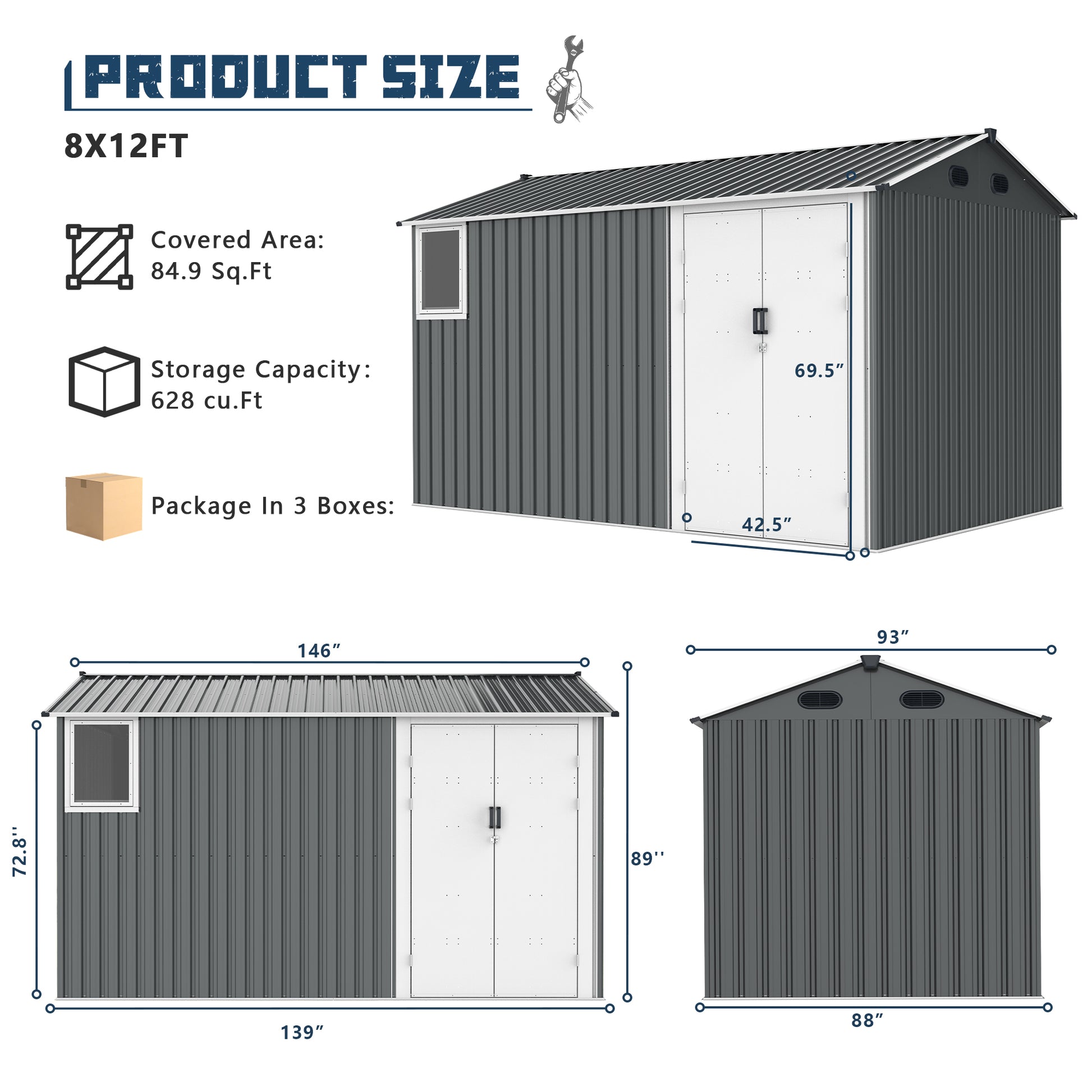Gray metal storage shed xft with double doors and window ideal for garden tools