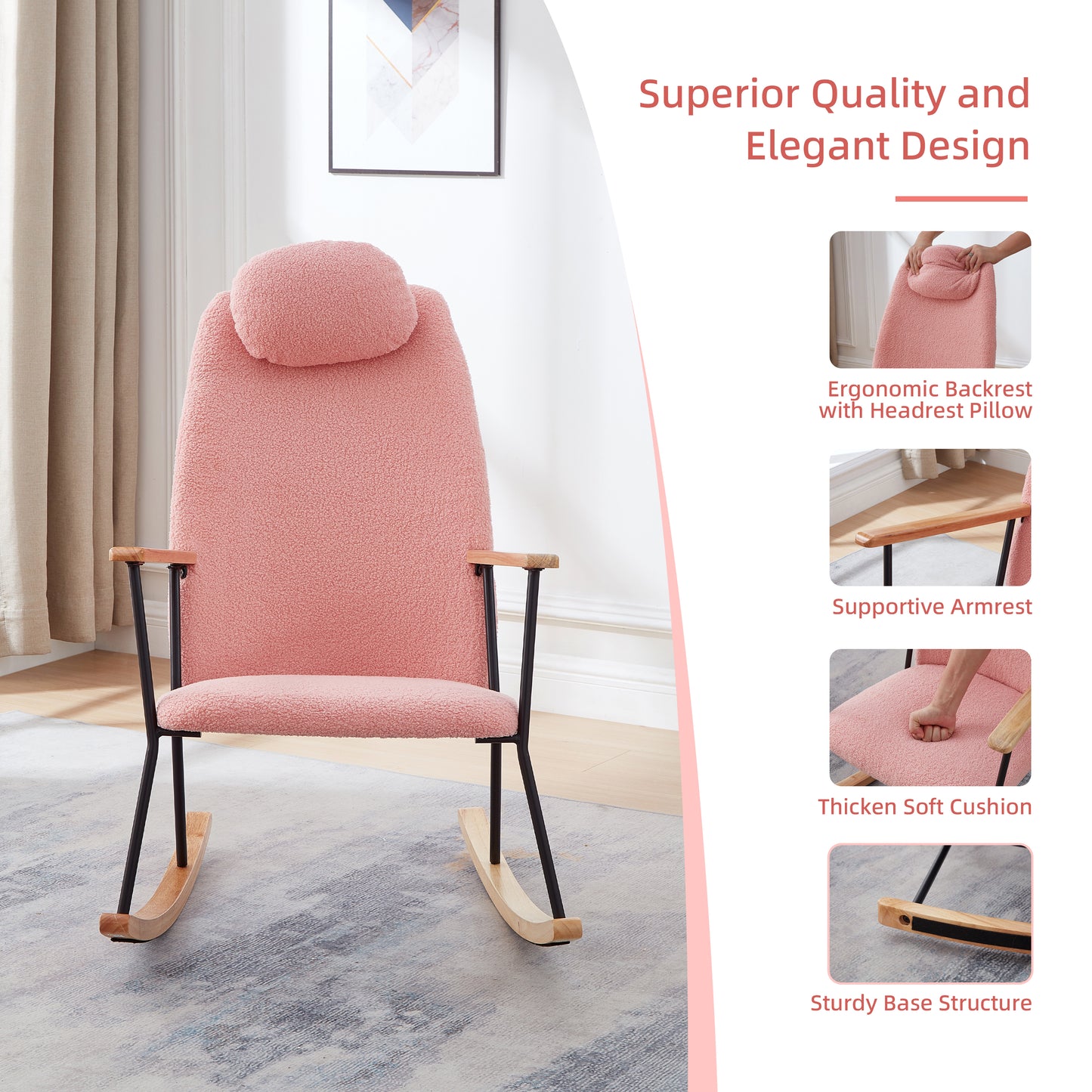 Pink sherpa fabric rocking chair with wooden armrests and black metal legs