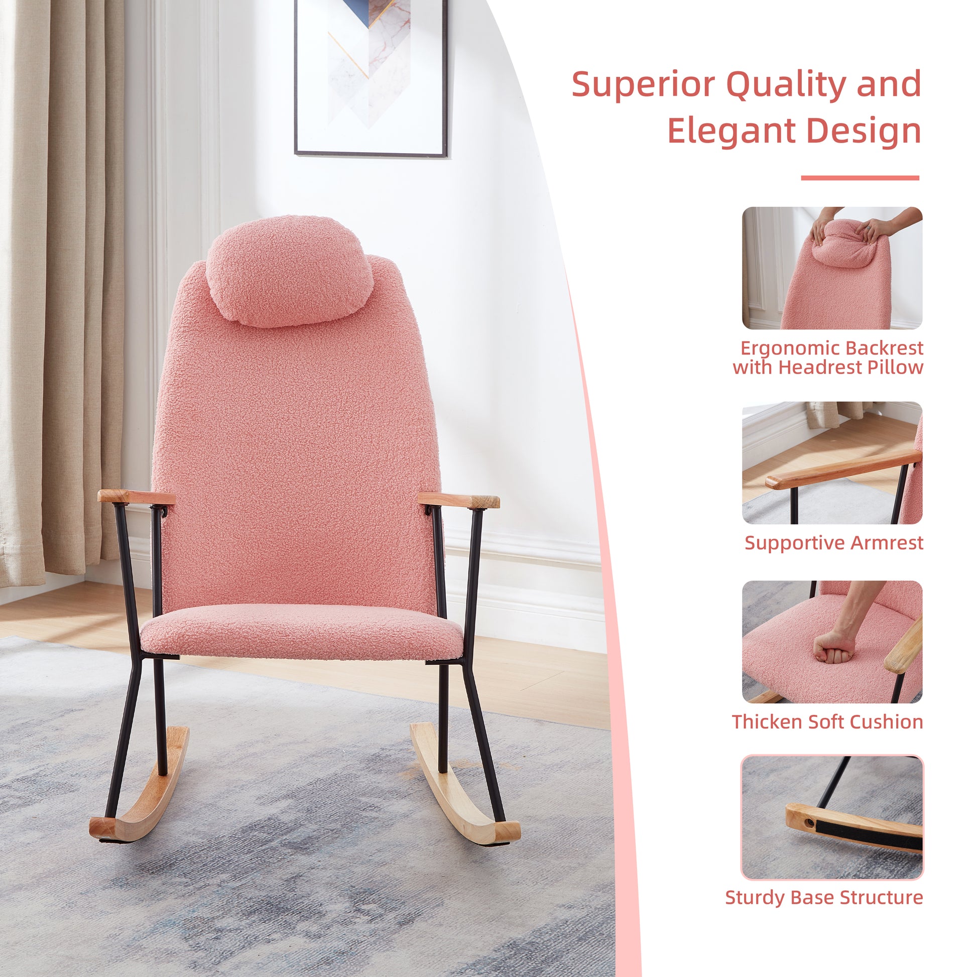 Pink sherpa fabric rocking chair with wooden armrests and black metal legs