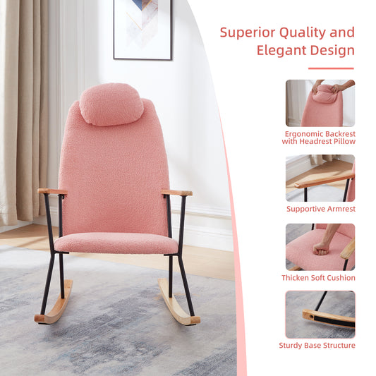 Pink sherpa fabric rocking chair with wooden armrests and black metal legs