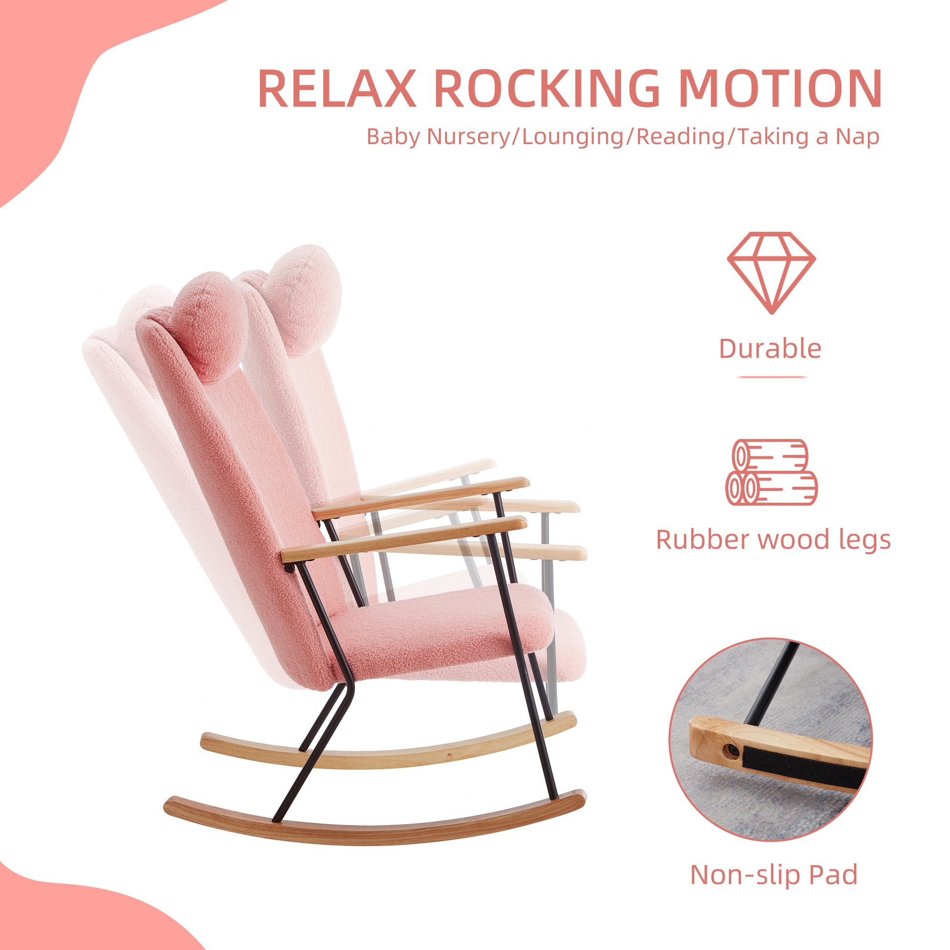 Pink boucle fabric rocking chair with natural wood arms perfect for nursery