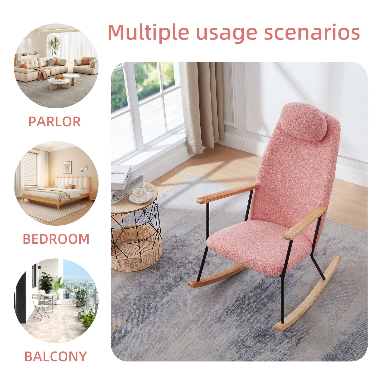 Pink sherpa rocking chair with wooden armrests and base