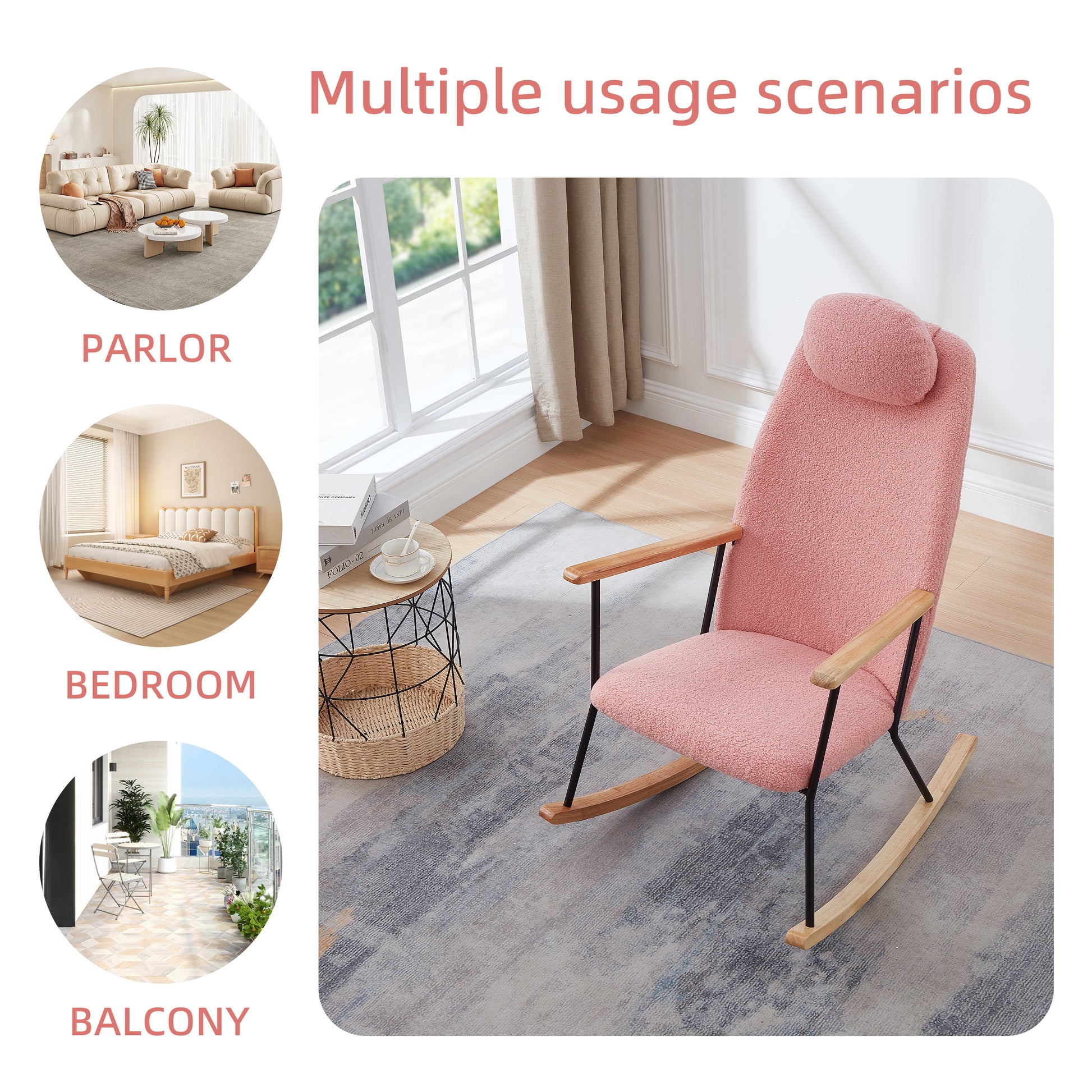 Pink sherpa rocking chair with wooden armrests and base