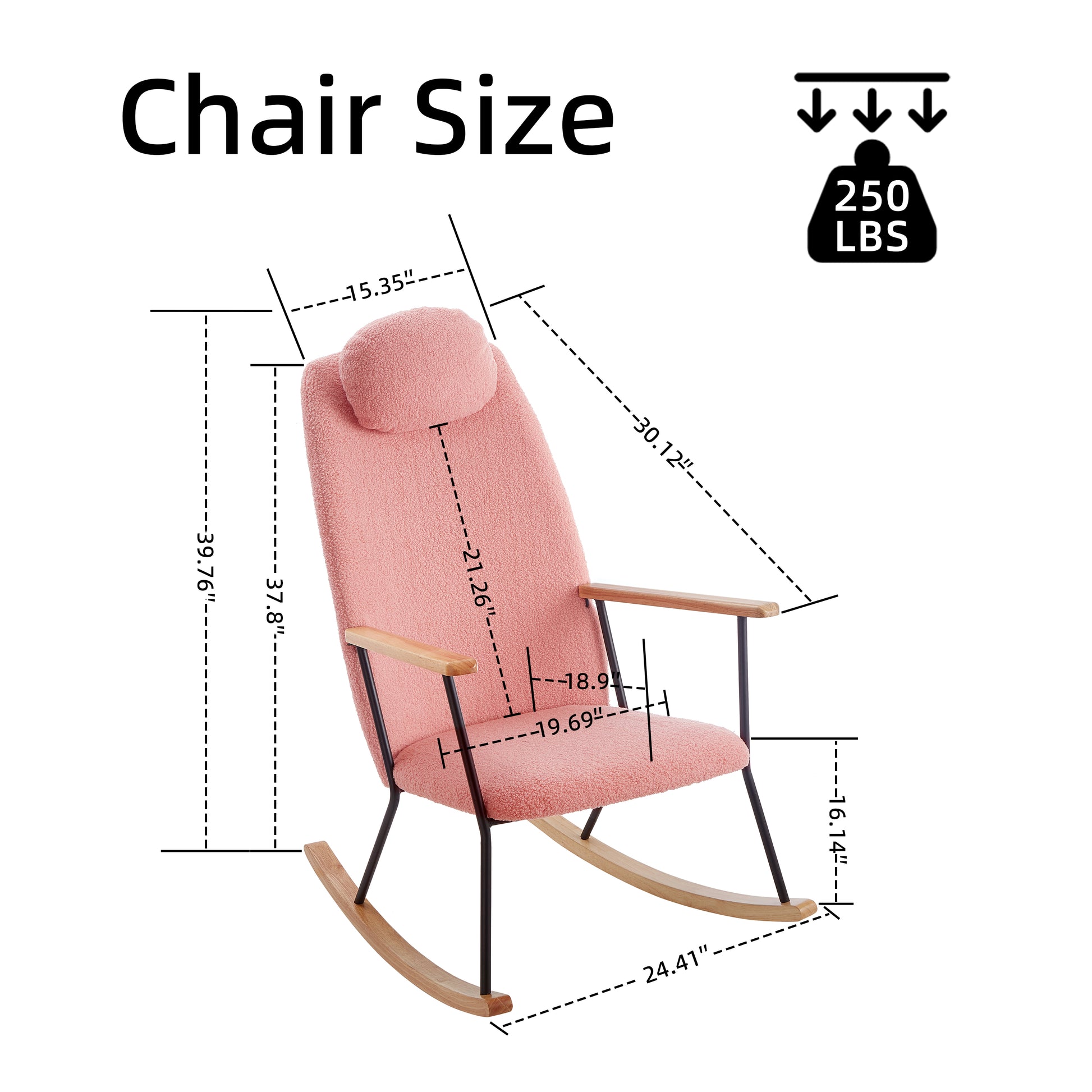 Pink teddy fabric accent rocking chair with wooden arms and black metal base