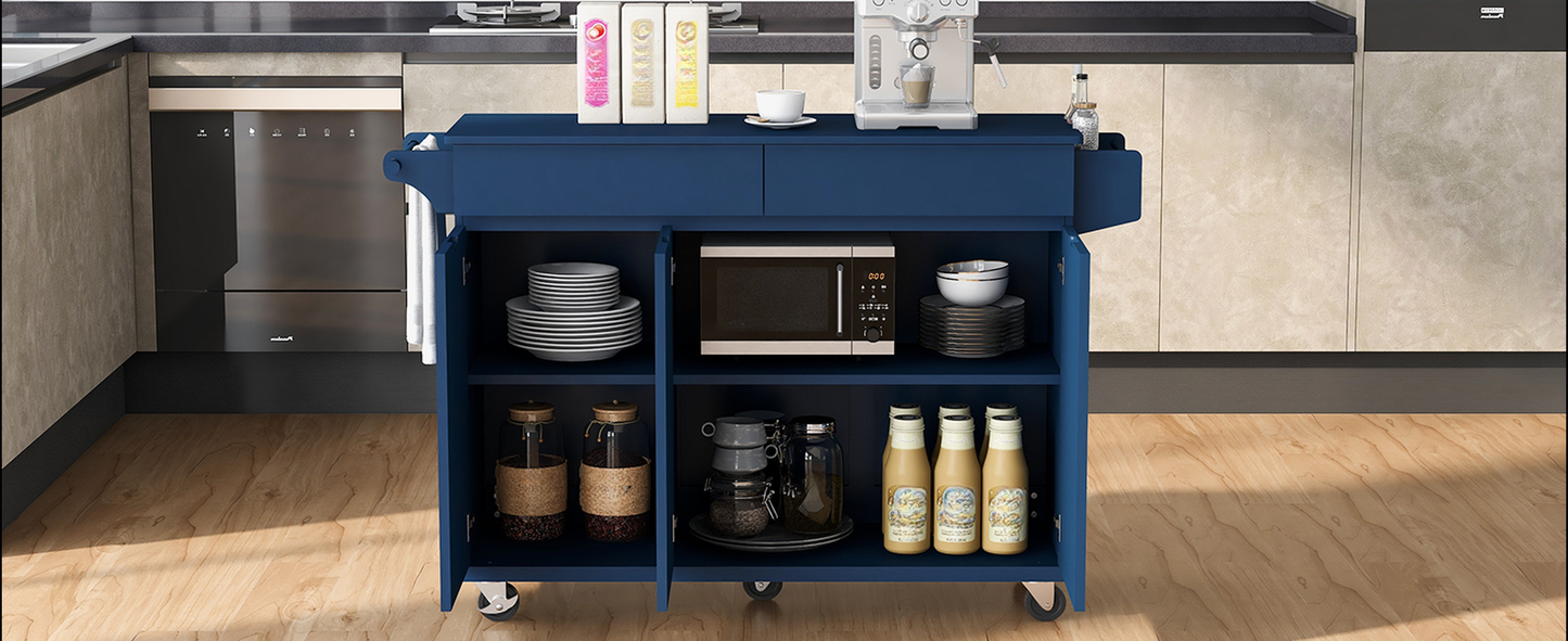 Navy blue kitchen island cart with microwave and coffee maker