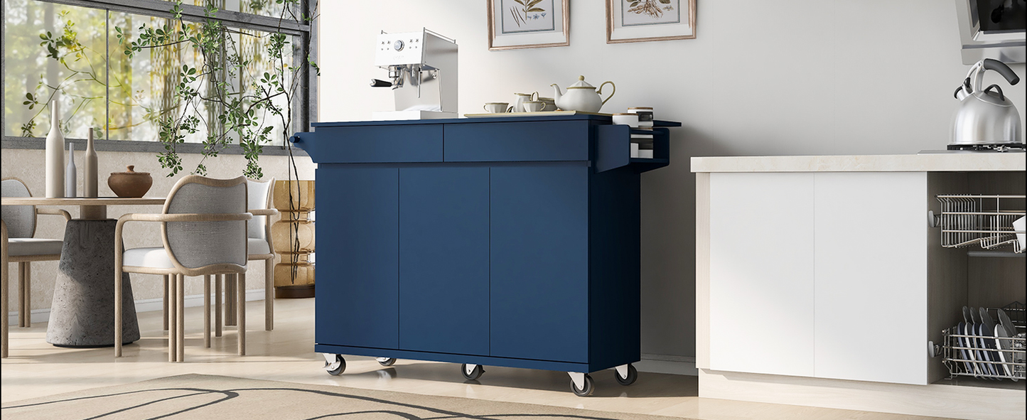 Blue kitchen island with casters and espresso machine on top