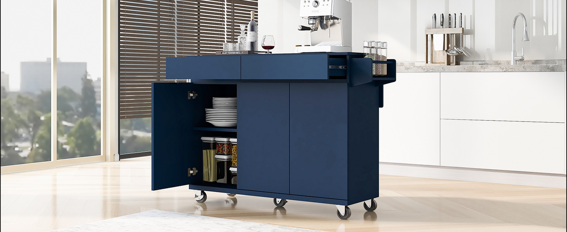 Navy blue rolling kitchen cart with open cabinet revealing stacked plates and pantry containers