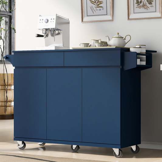 Modern navy blue kitchen cart with espresso machine and tea set