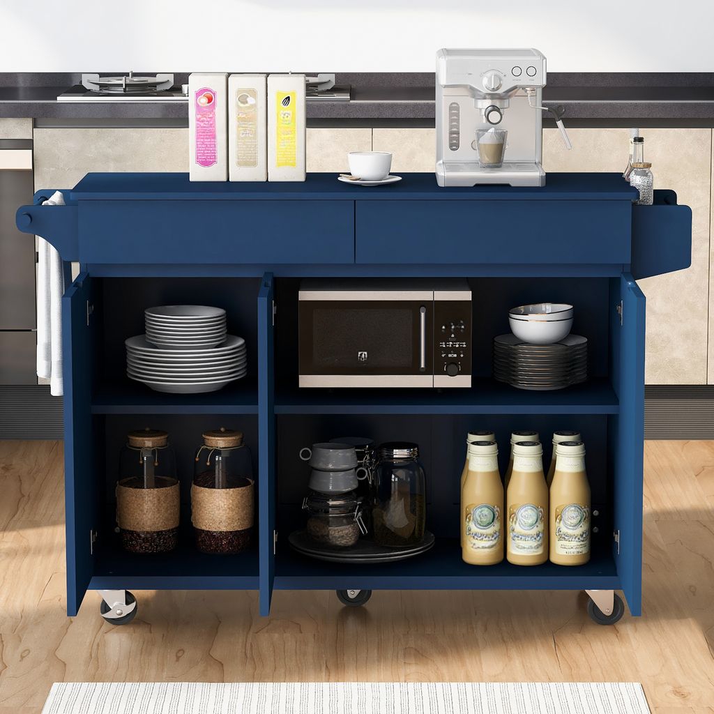 Navy blue kitchen island cart with microwave and dishware storage