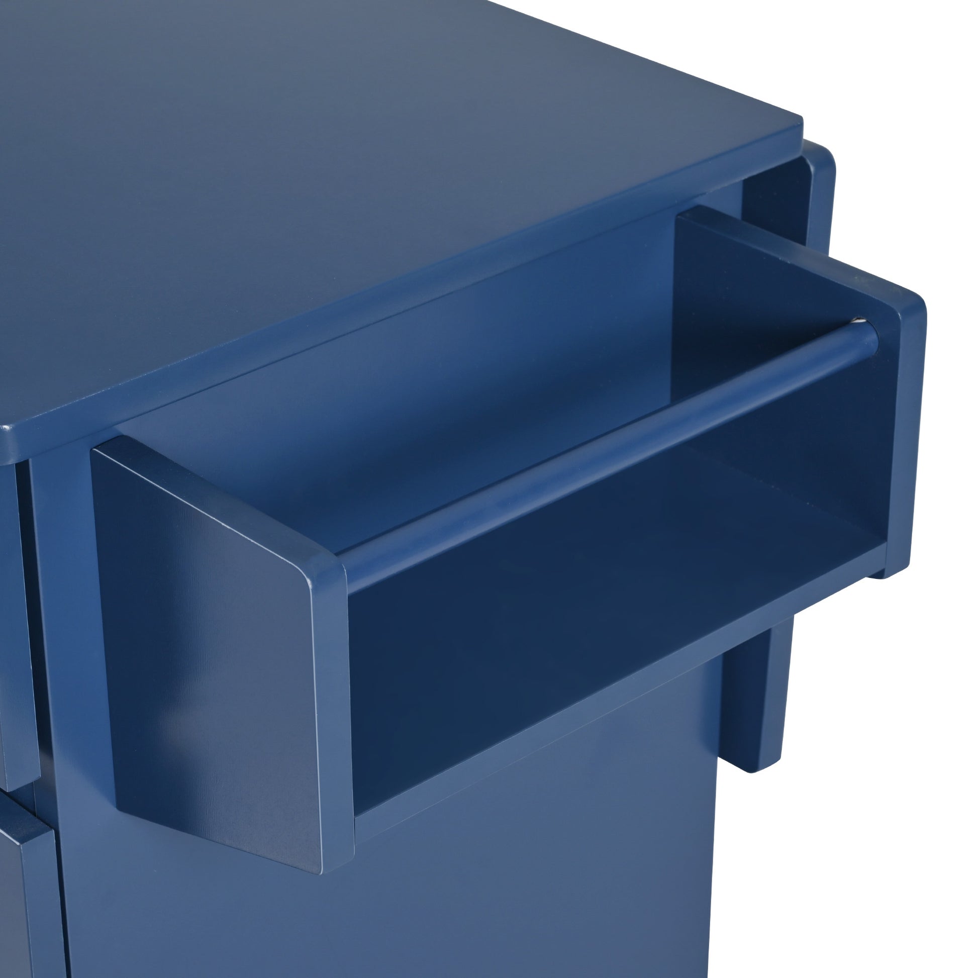 Navy blue bedside table with open shelf and bar