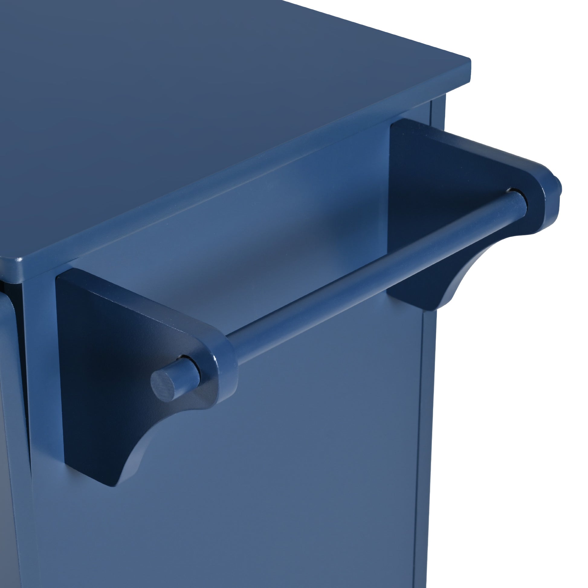 Navy blue wooden kitchen cart with towel bar