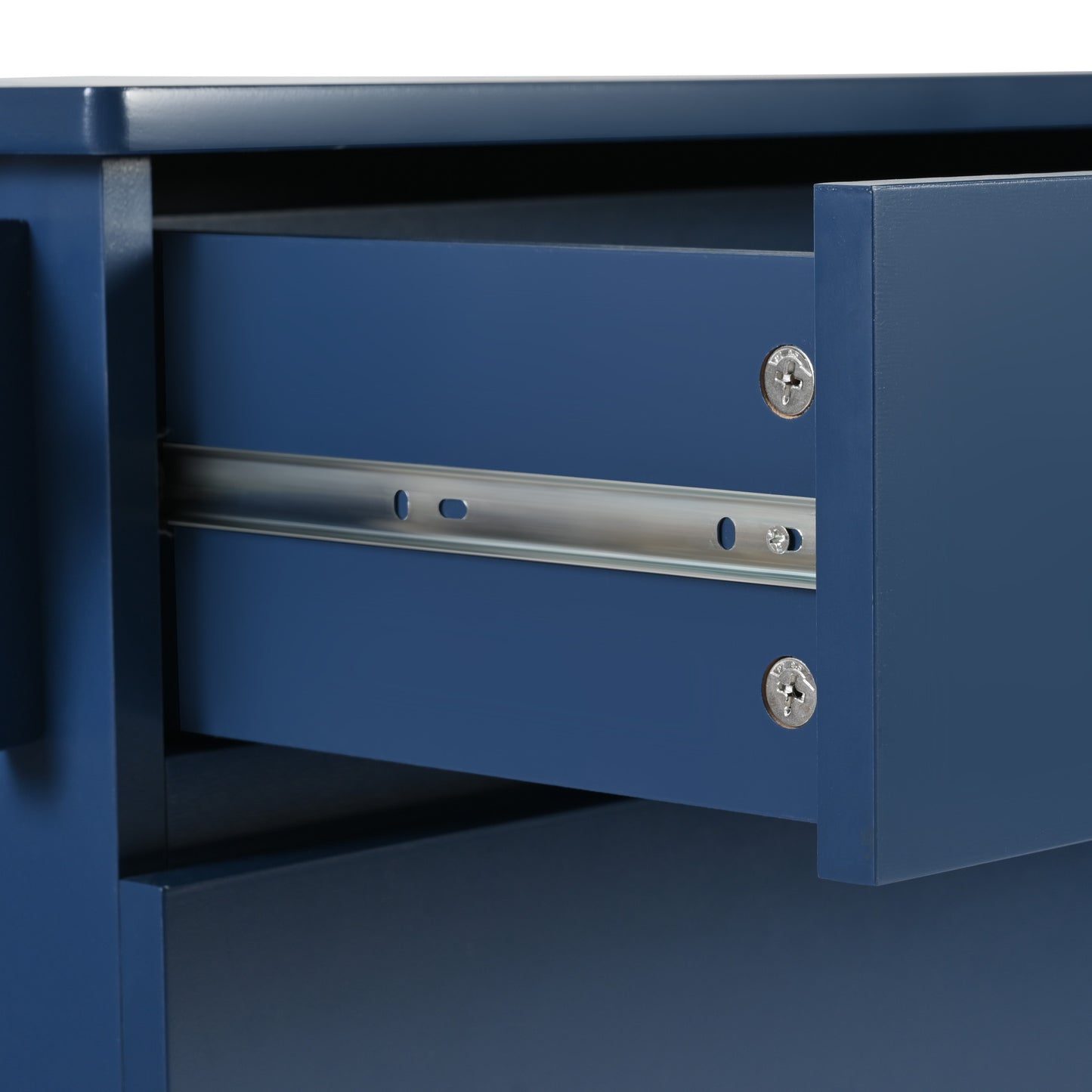 Deep blue metal file cabinet drawer with silver slide hardware