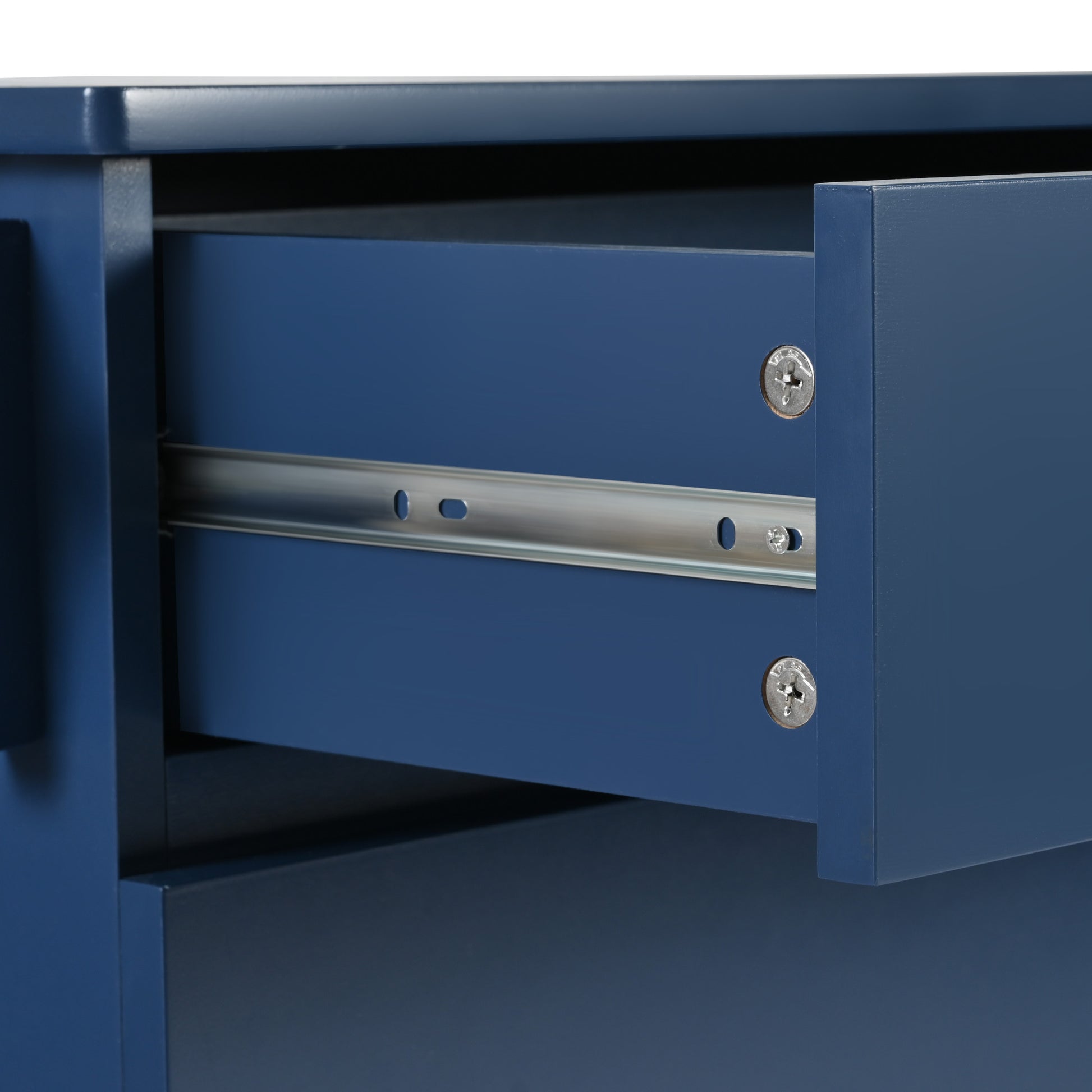 Deep blue metal file cabinet drawer with silver slide hardware