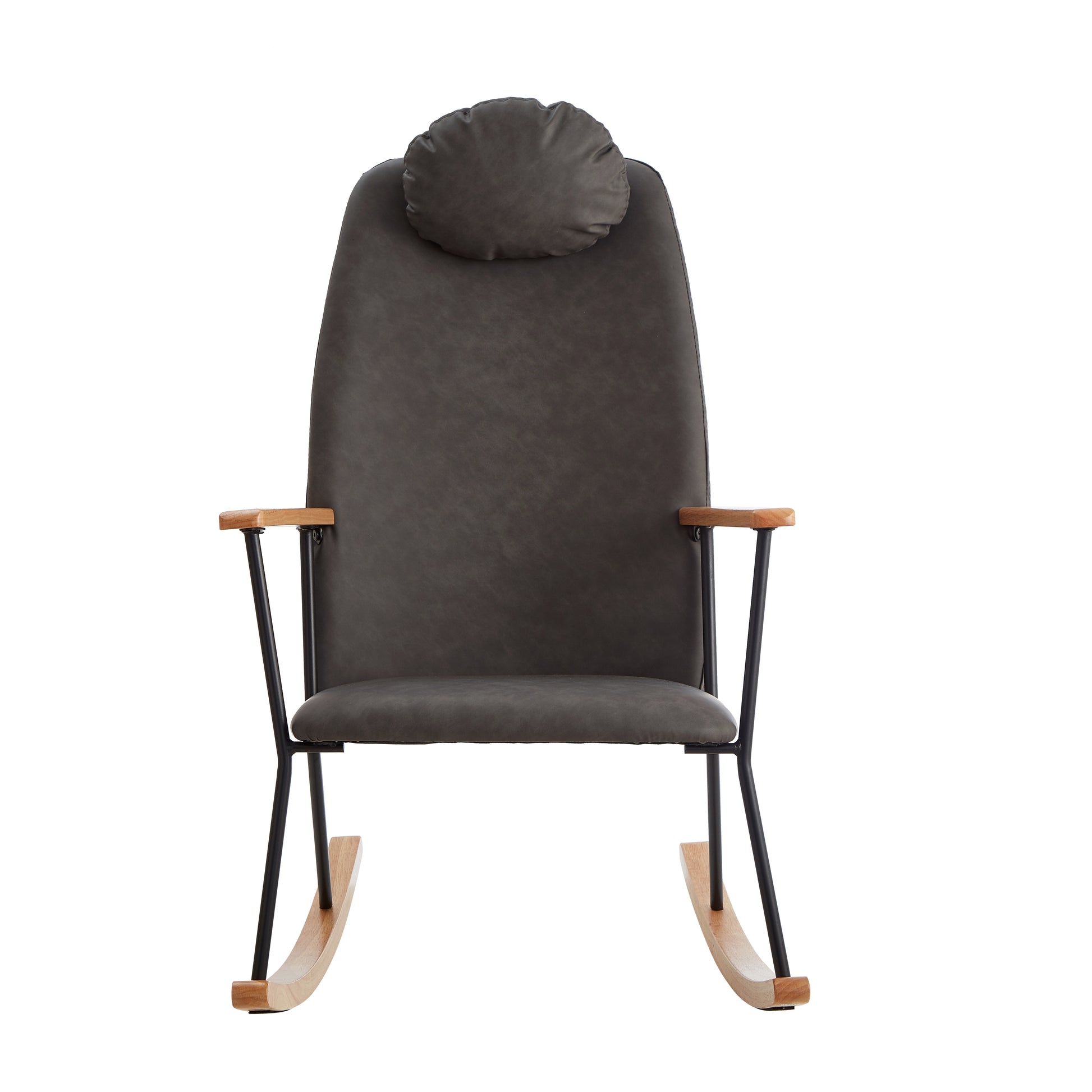 Dark gray faux leather rocking chair with wooden arms and headrest