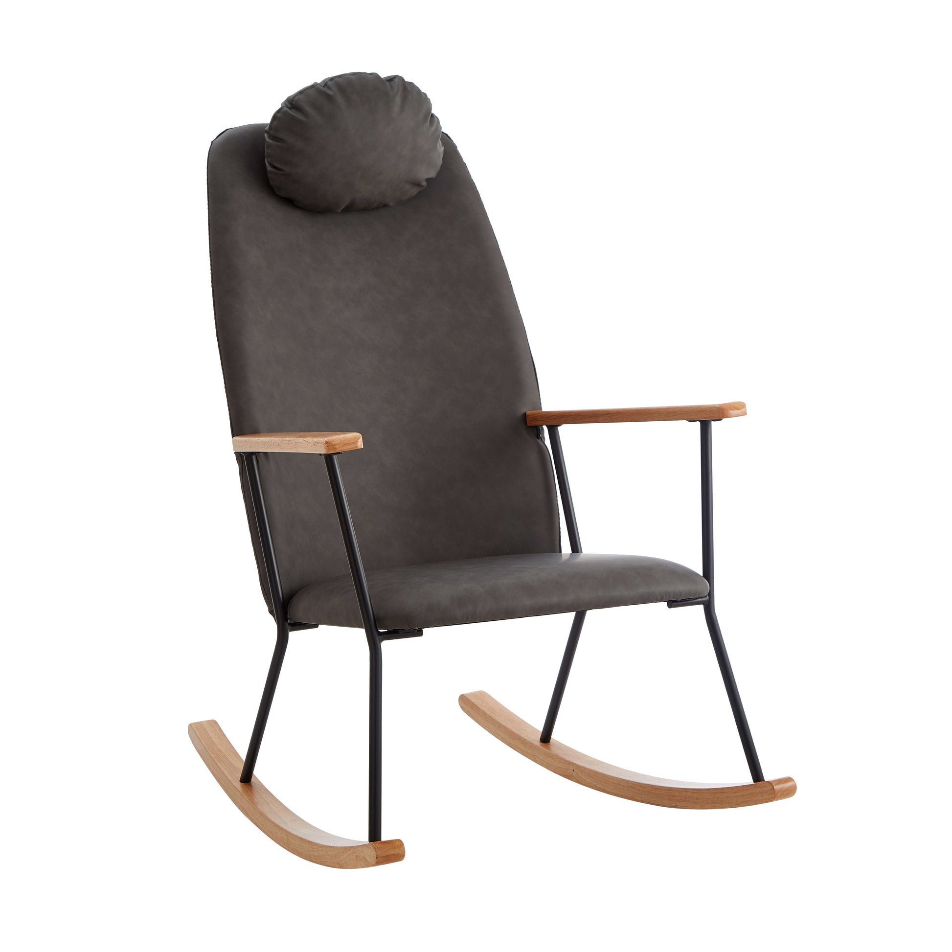 Modern charcoal grey faux leather rocking chair with natural wood armrests and base