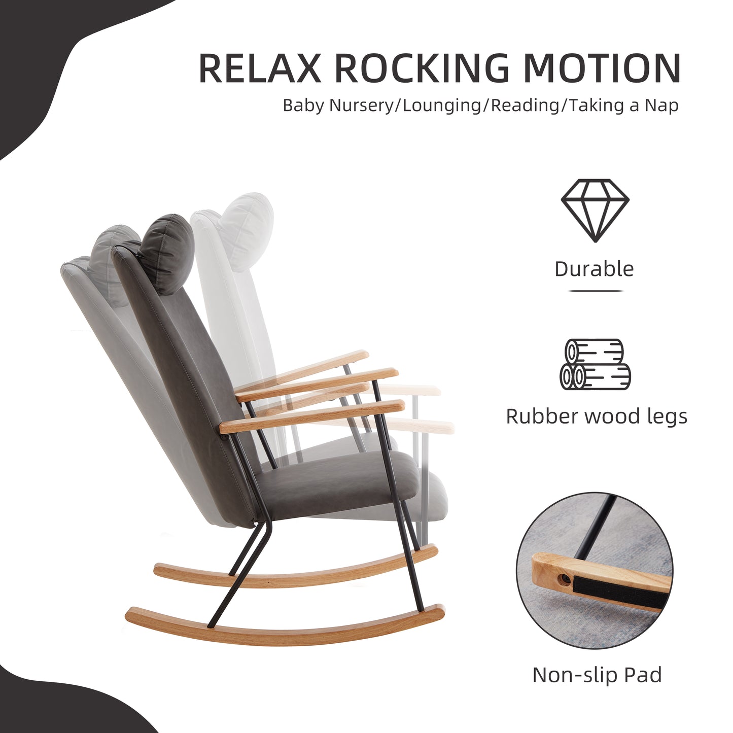 Dark gray upholstered rocking chair with natural wood arms ideal for nurseries and relaxation