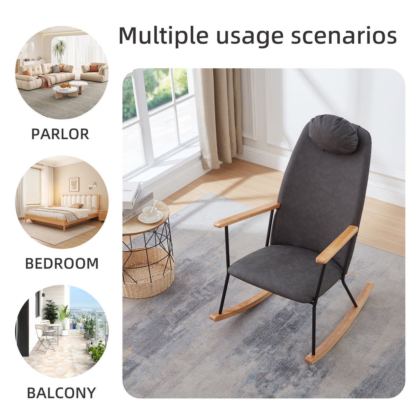 Dark gray upholstered rocking chair with wooden arms and headrest perfect for living room comfort