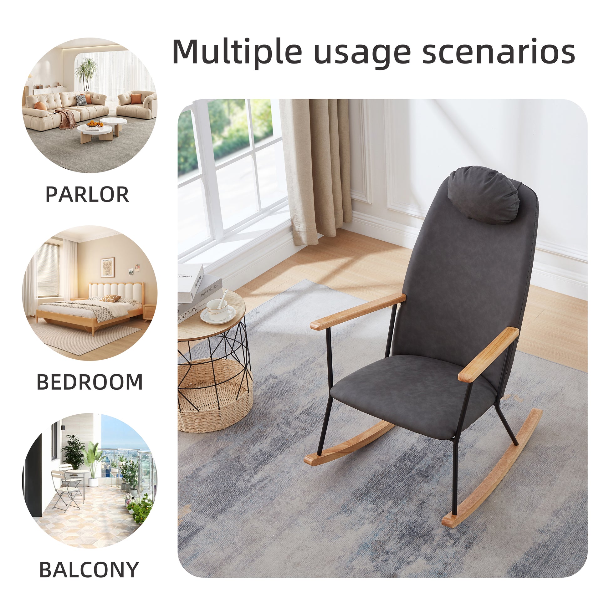 Dark gray upholstered rocking chair with wooden arms and headrest perfect for living room comfort