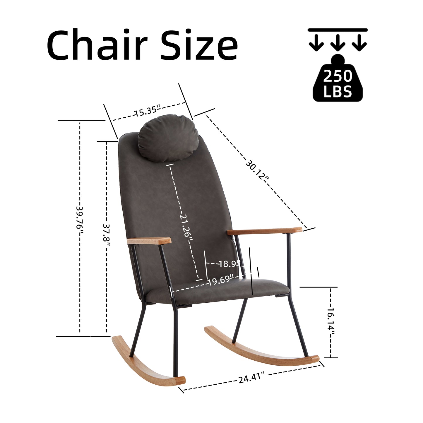 Dark gray upholstered rocking chair with wooden armrests and round headrest  lb capacity