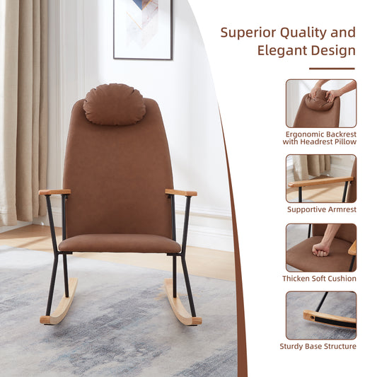 Brown leather rocking chair with rounded headrest and wooden armrests perfect for relaxation