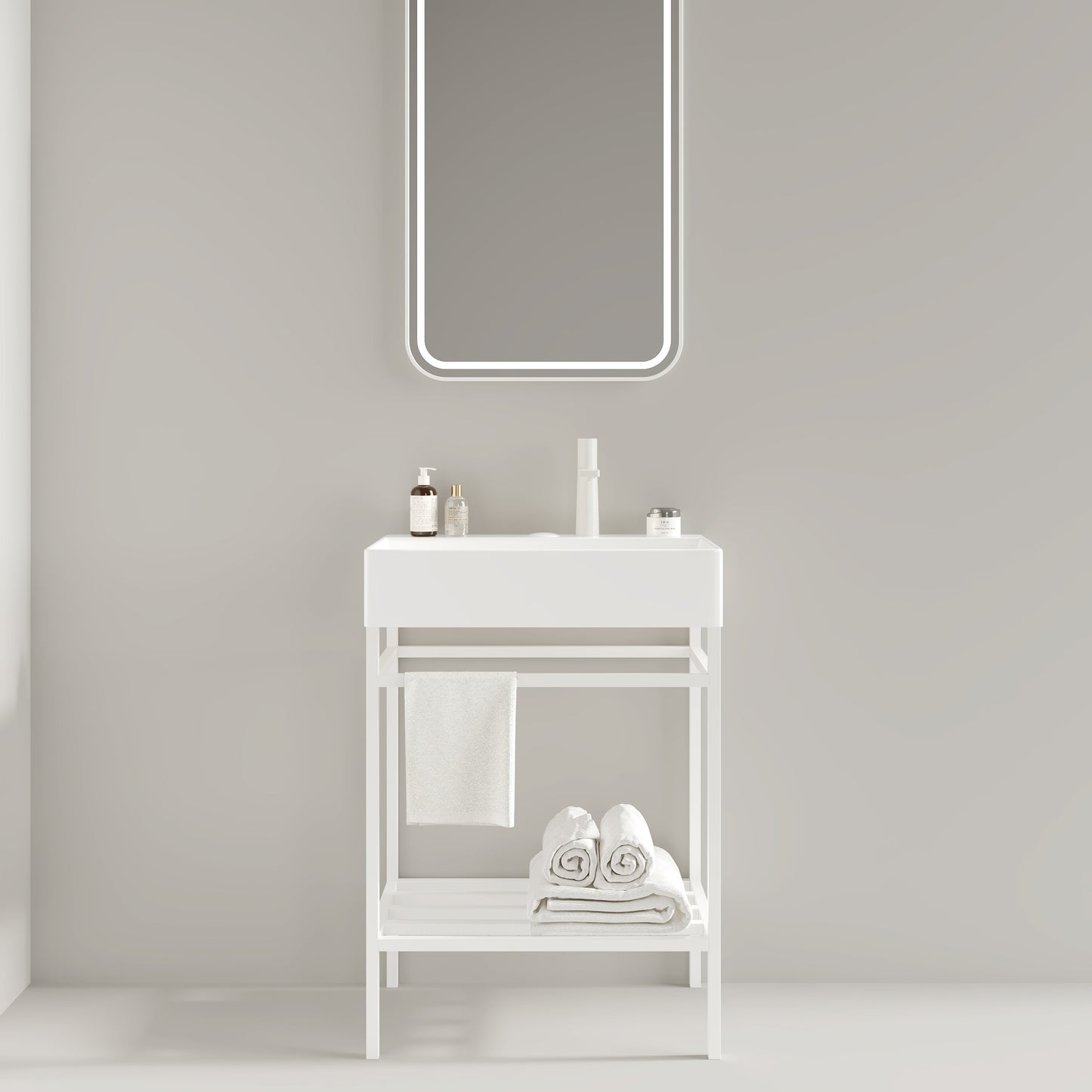 Modern white bathroom vanity with integrated sink and illuminated mirror featuring ample storage