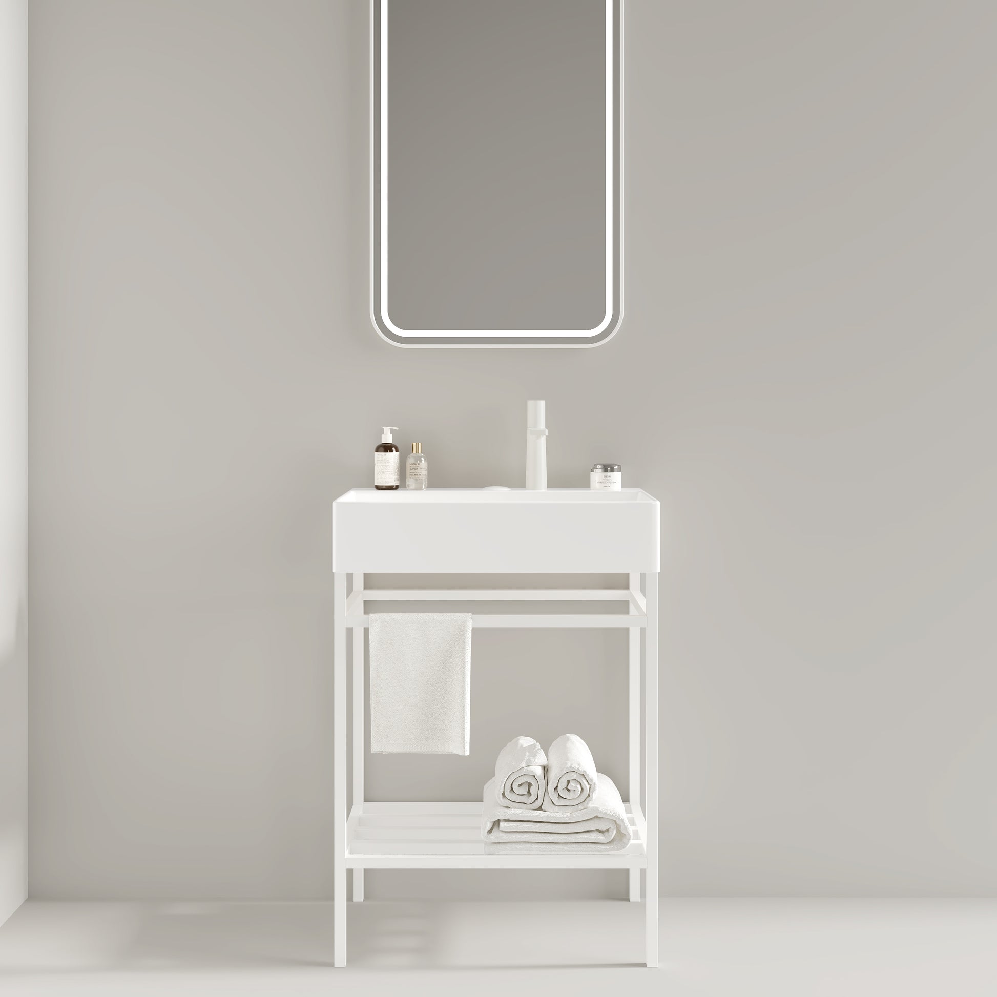 Modern white bathroom vanity with integrated sink and illuminated mirror featuring ample storage