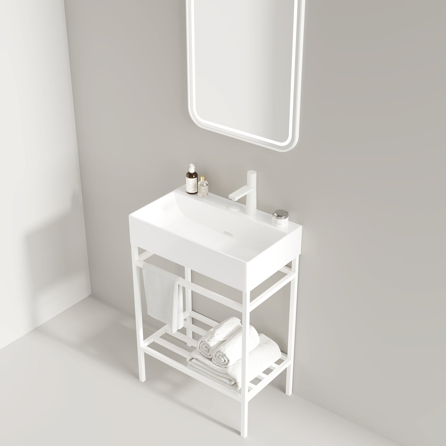 Modern white ceramic vanity sink with integrated shelving for towels