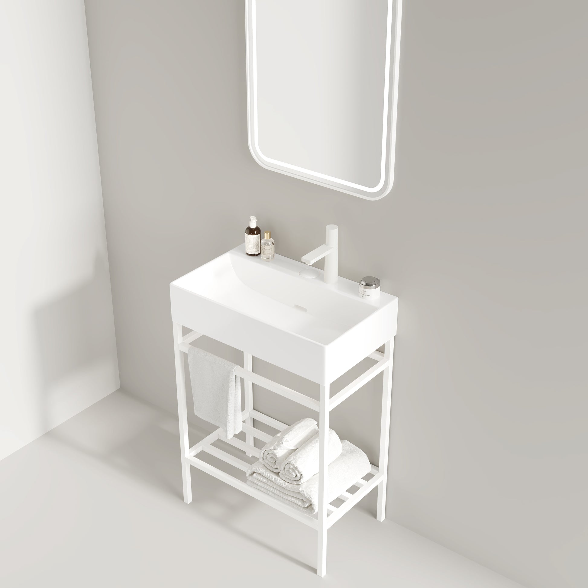 Modern white ceramic vanity sink with integrated shelving for towels