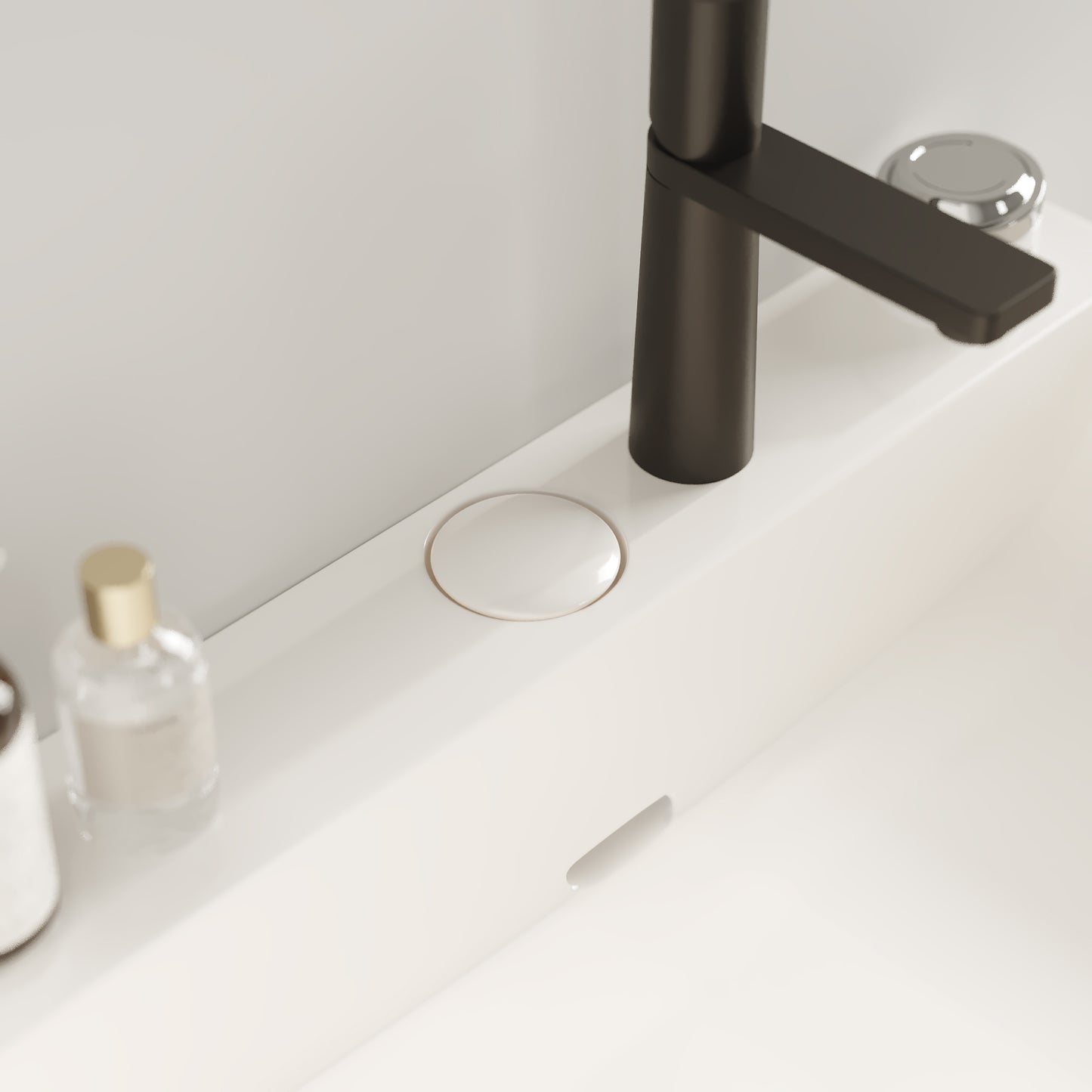Modern matte black bathroom faucet with sleek design on a white integrated sink