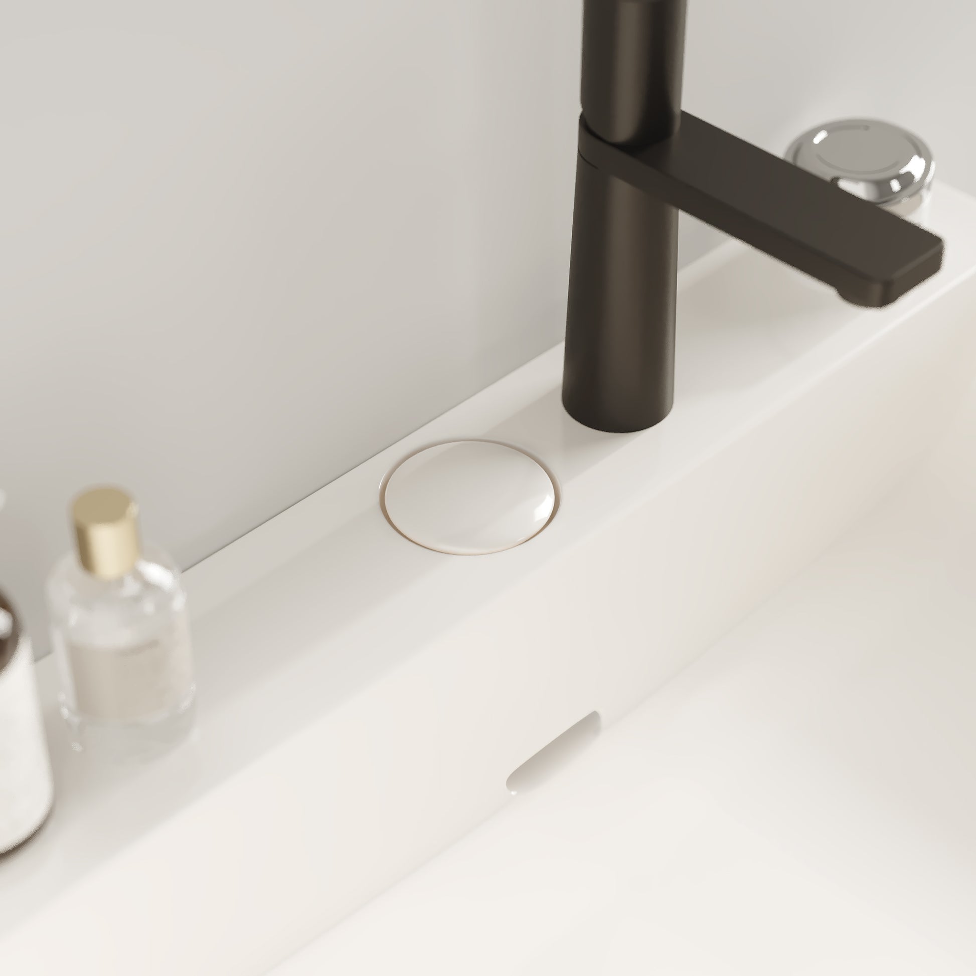 Modern matte black bathroom faucet with sleek design on a white integrated sink
