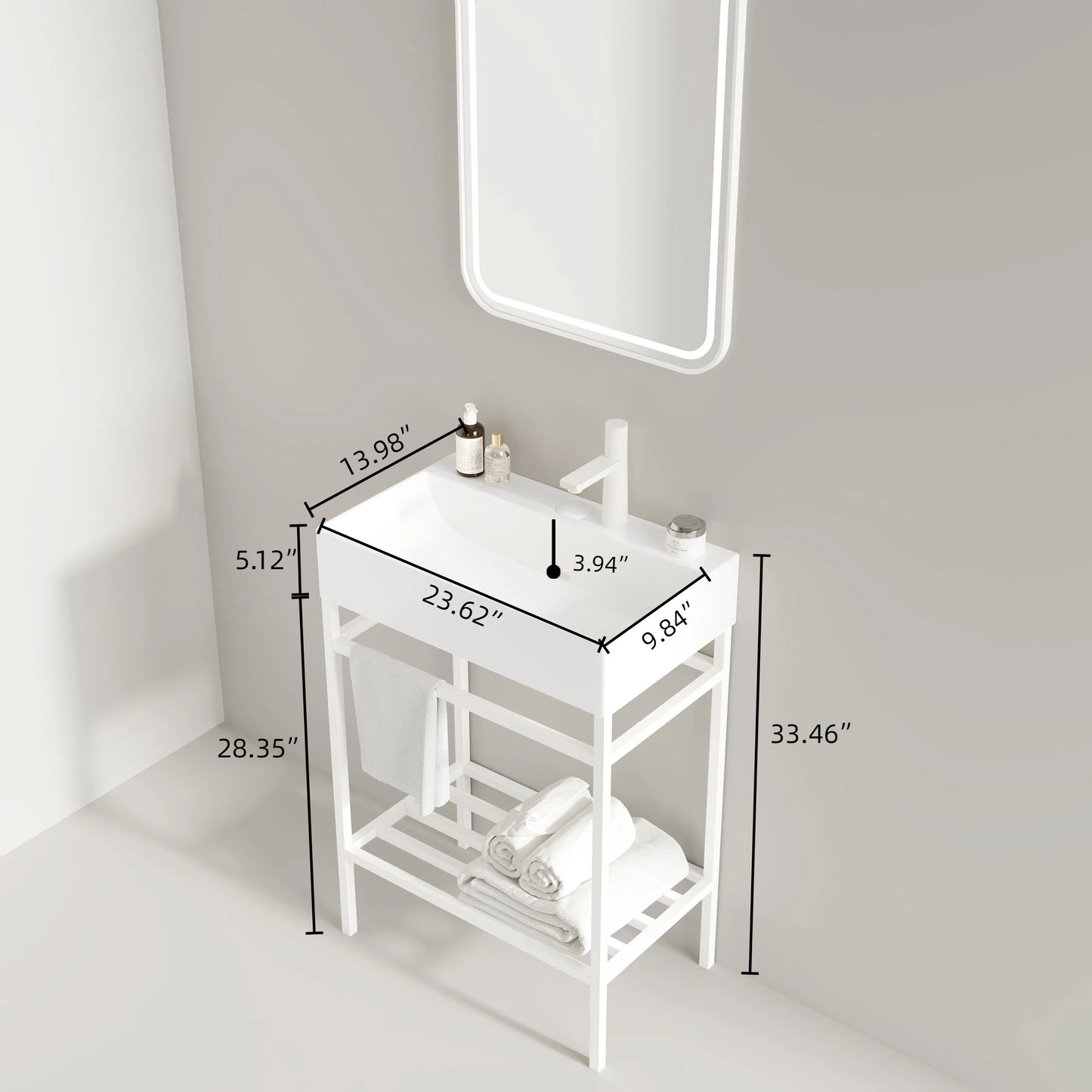 Modern white ceramic wallmount sink with chrome faucet and lower shelf for towels  length