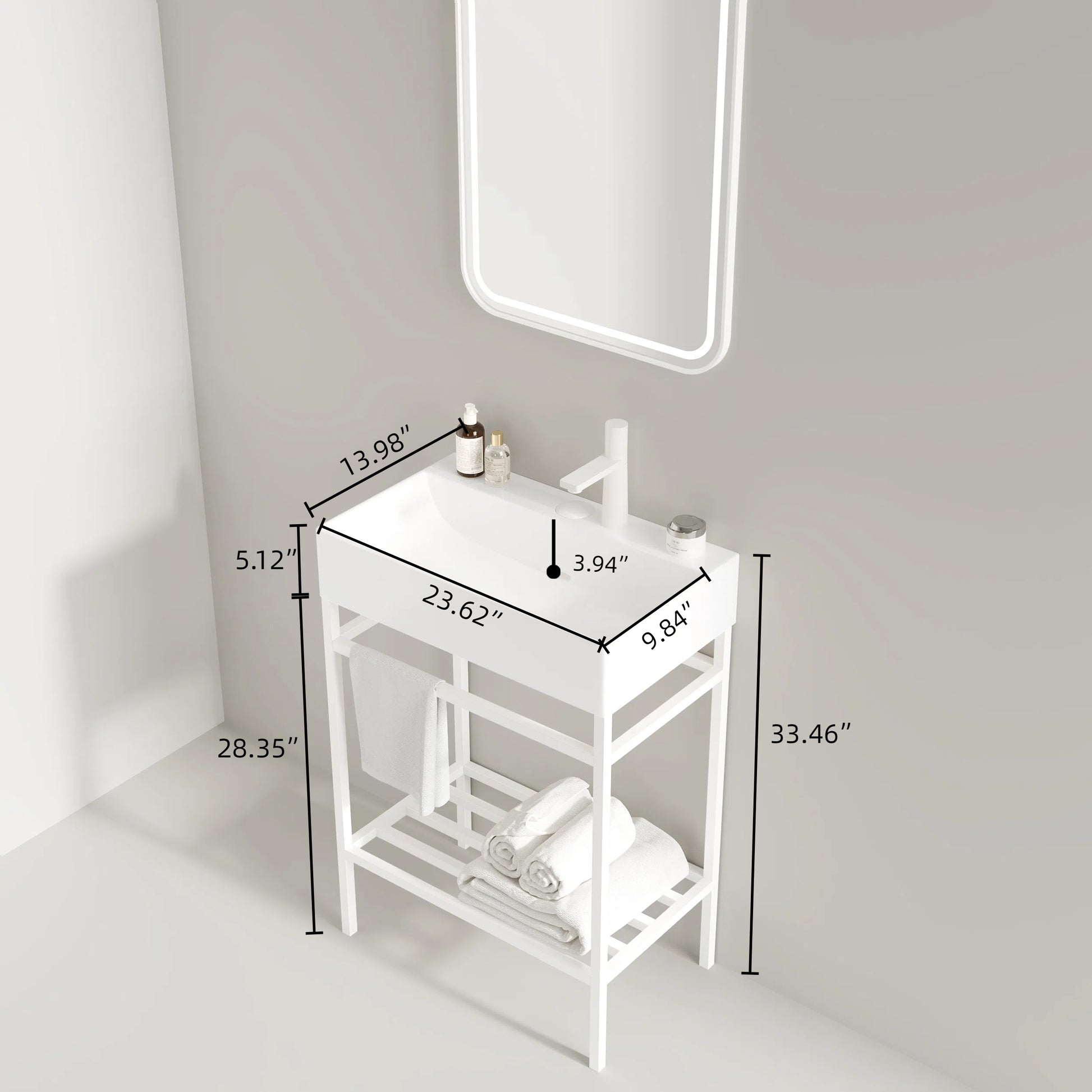 Modern white ceramic wallmount sink with chrome faucet and lower shelf for towels  length