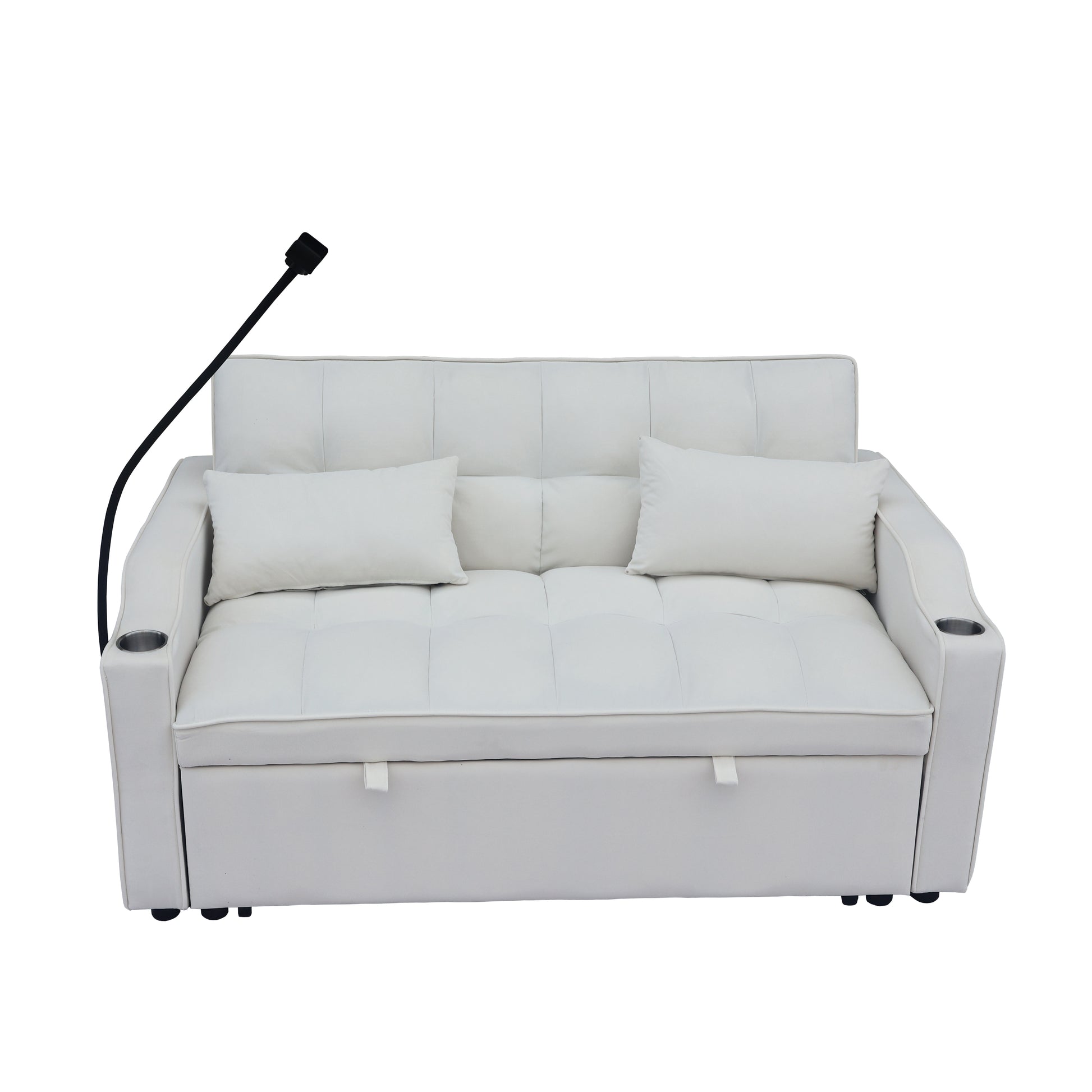 White leather sofa bed with integrated LED reading lamp and cup holders for modern living spaces