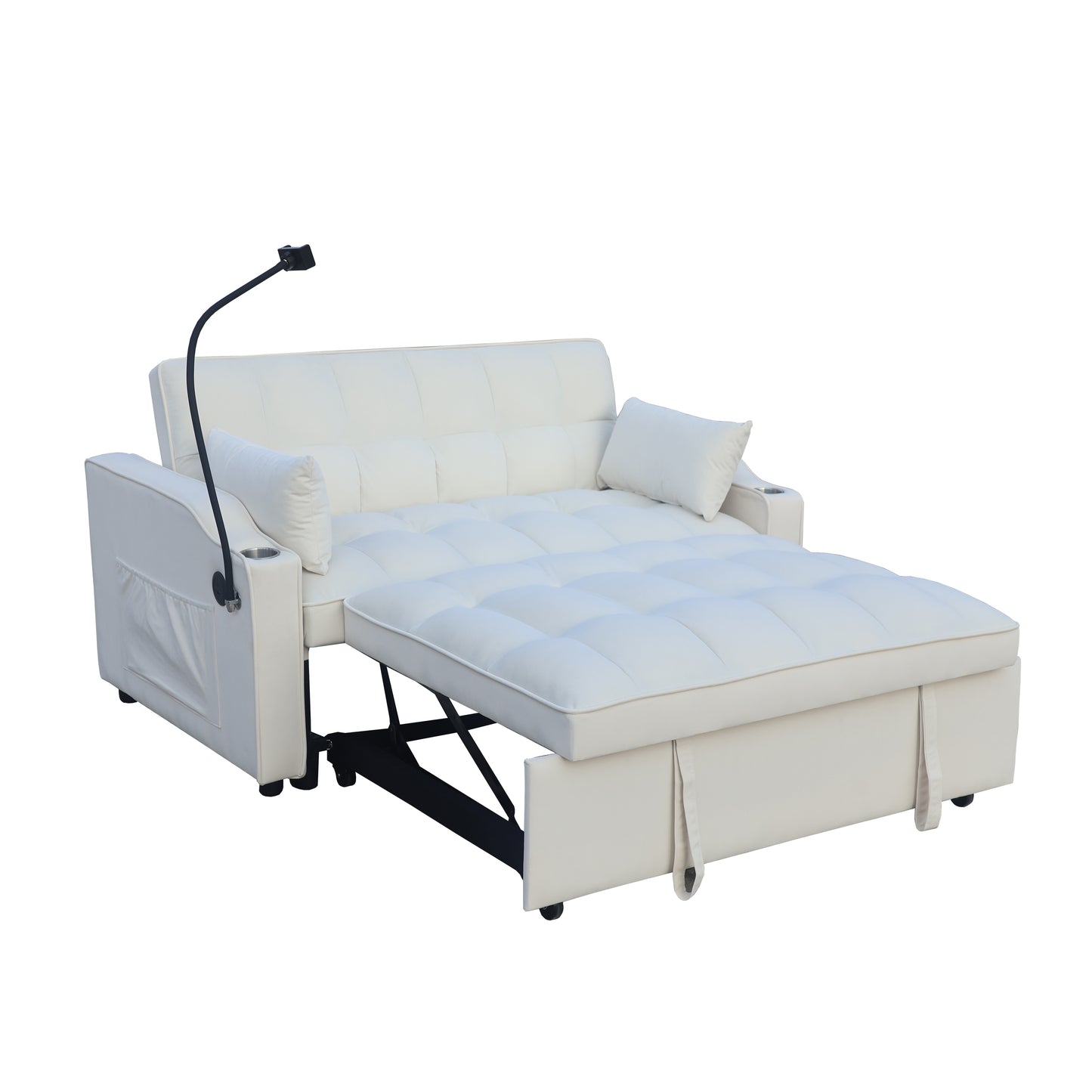 White convertible sofa bed with adjustable lamp and cup holders