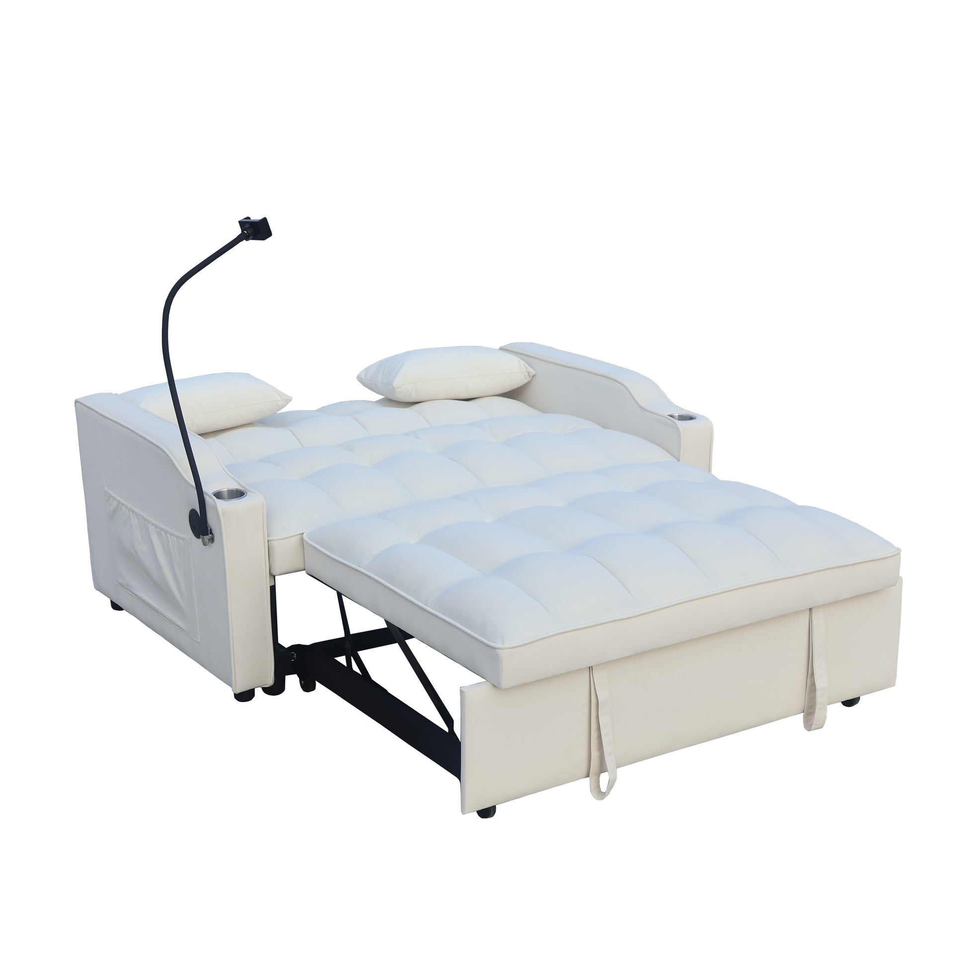 White convertible sofa bed with integrated adjustable lamp