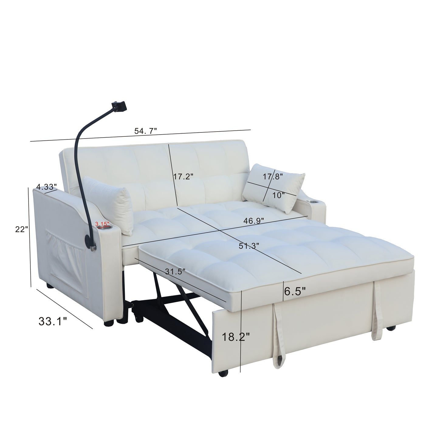 White convertible sofa bed with integrated reading lamp and cup holders