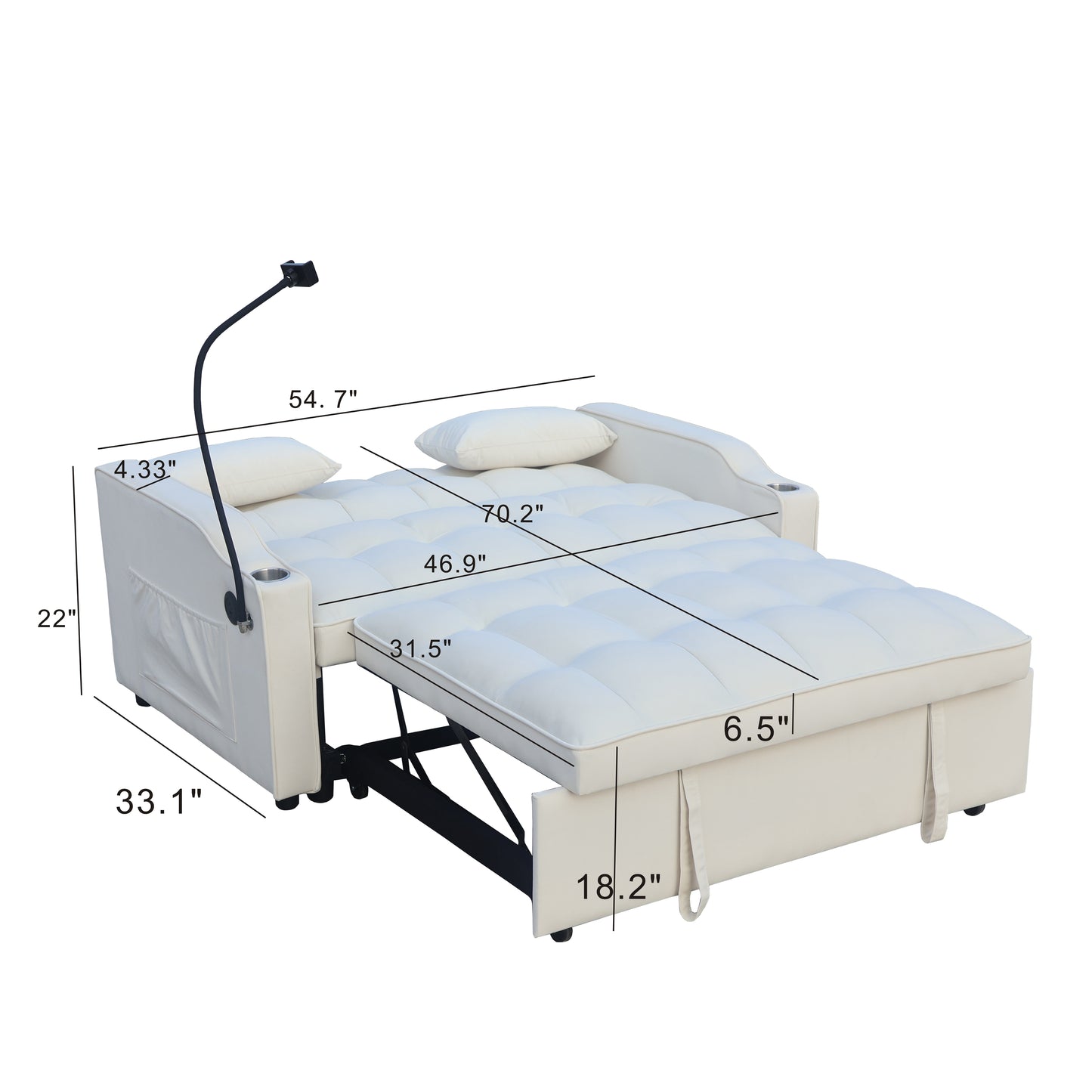 Cream futon sofa bed with tufted seat adjustable lamp and cup holders ideal for small spaces