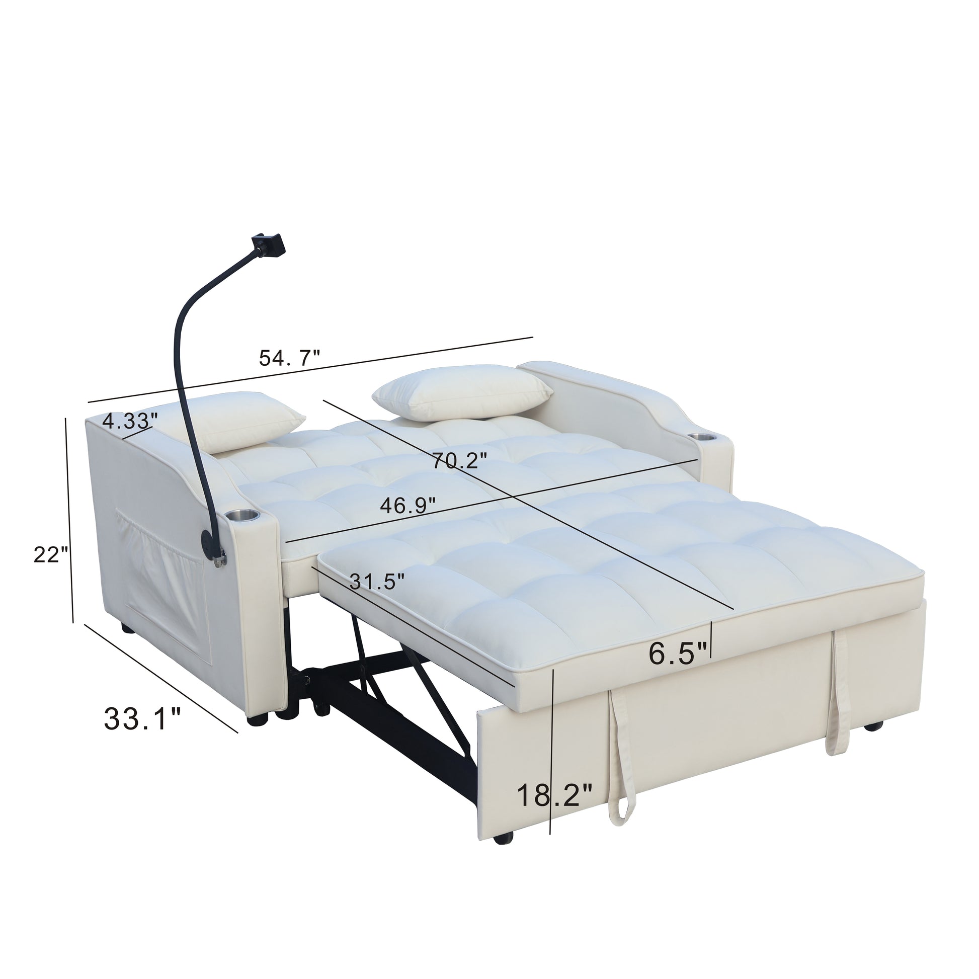 Cream futon sofa bed with tufted seat adjustable lamp and cup holders ideal for small spaces