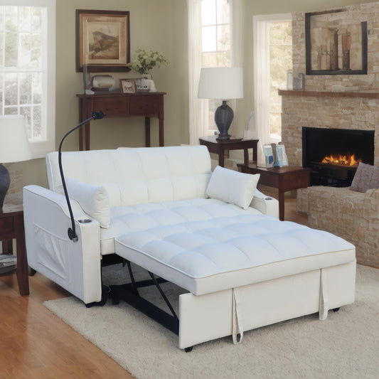White convertible sofa bed with tufted mattress pulled out for sleeping
