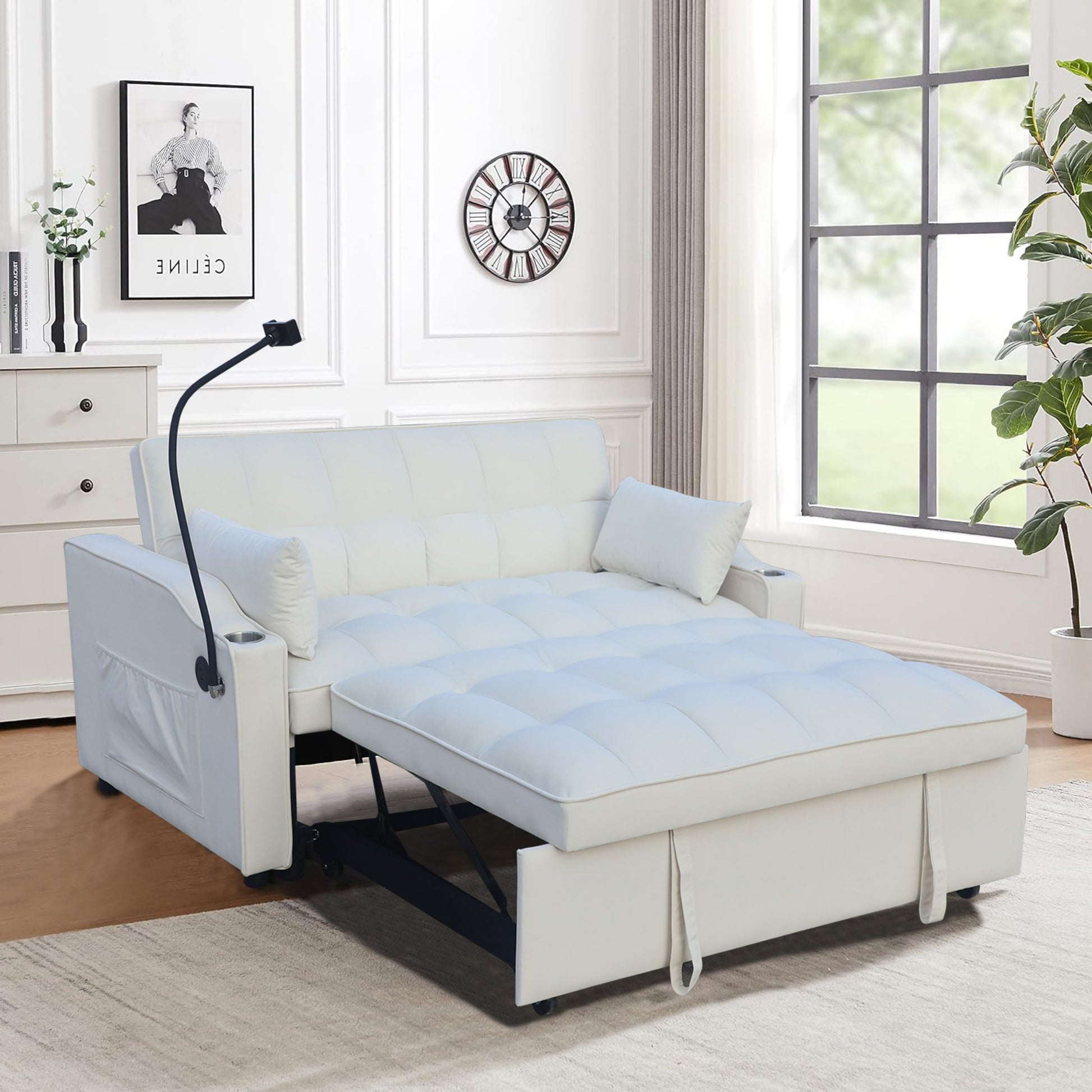 White convertible sofa bed with pullout mattress and side storage pockets