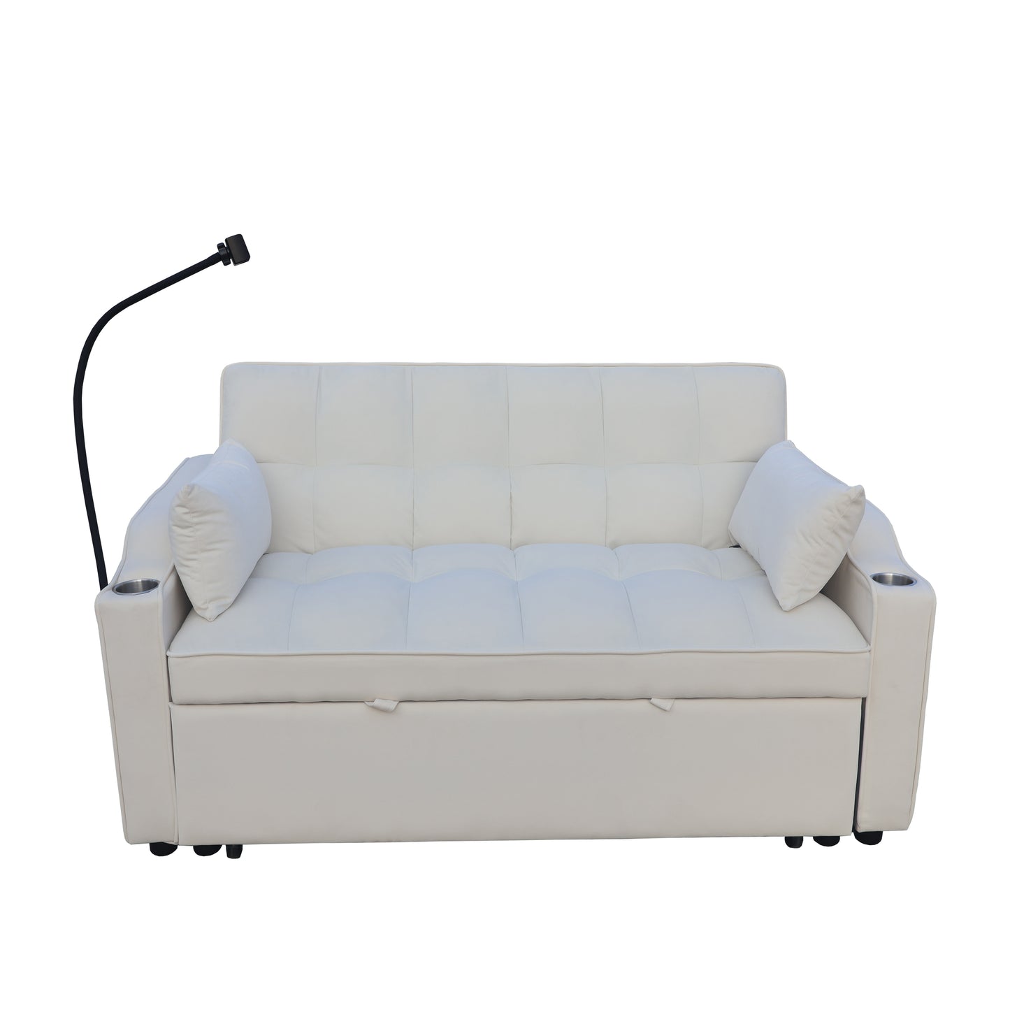 White faux leather sofa with tufted cushions builtin cup holders and adjustable reading lamp