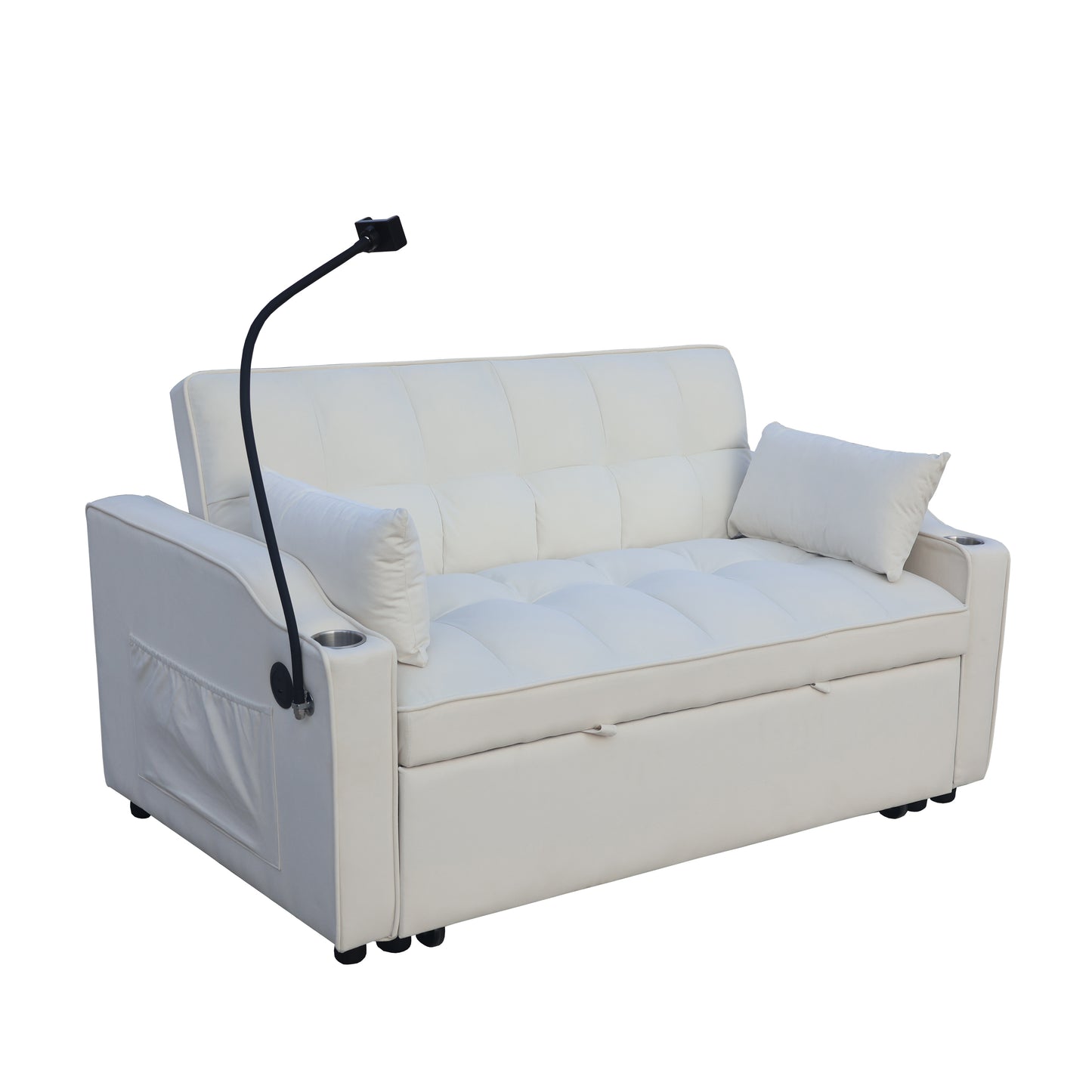 White convertible sofa bed with tufted cushions builtin lamp and side pocket