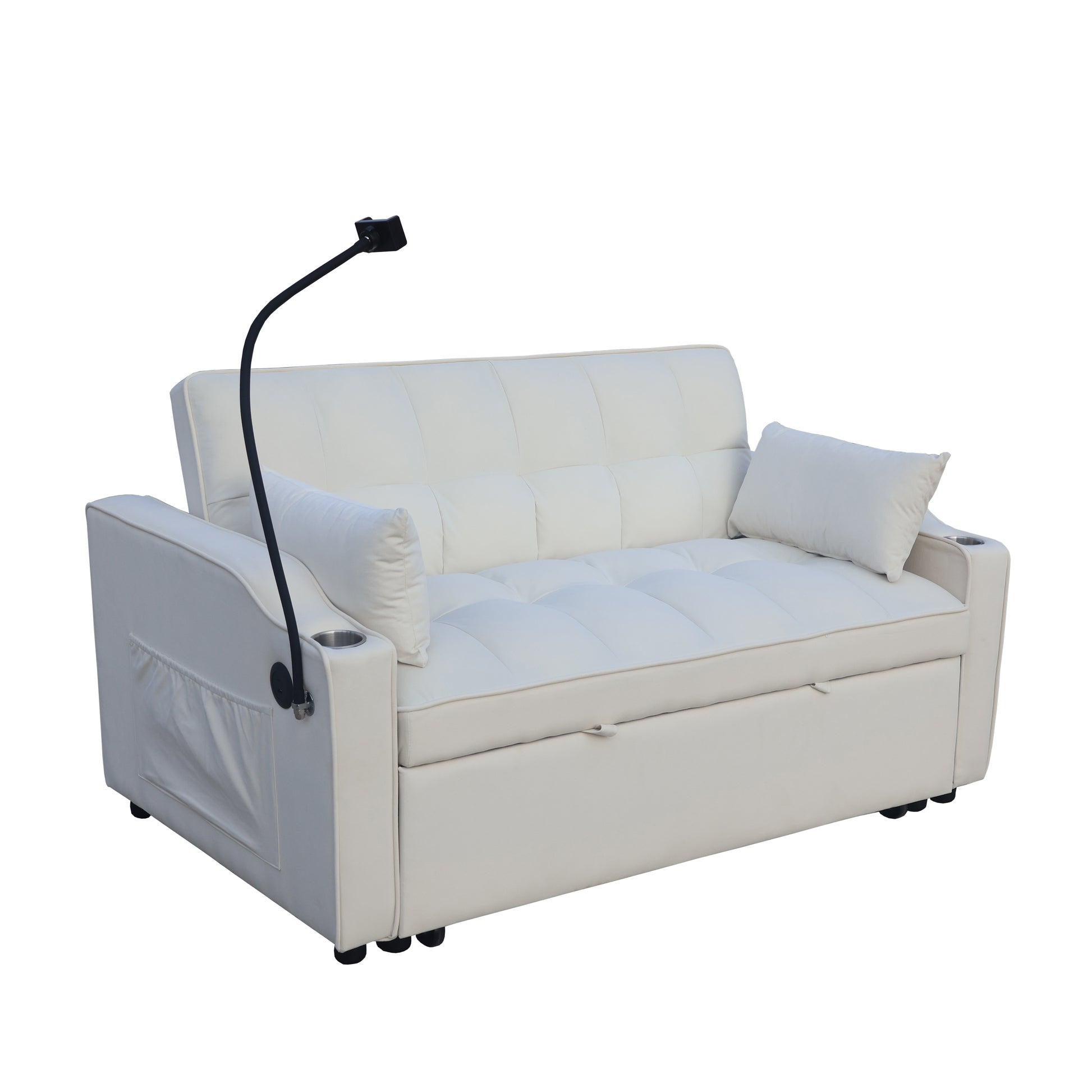 White convertible sofa bed with tufted cushions builtin lamp and side pocket