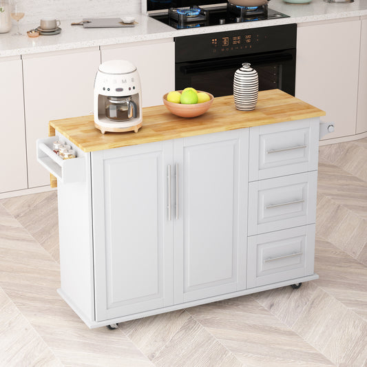 White kitchen island cart with wooden countertop and stainless steel handles