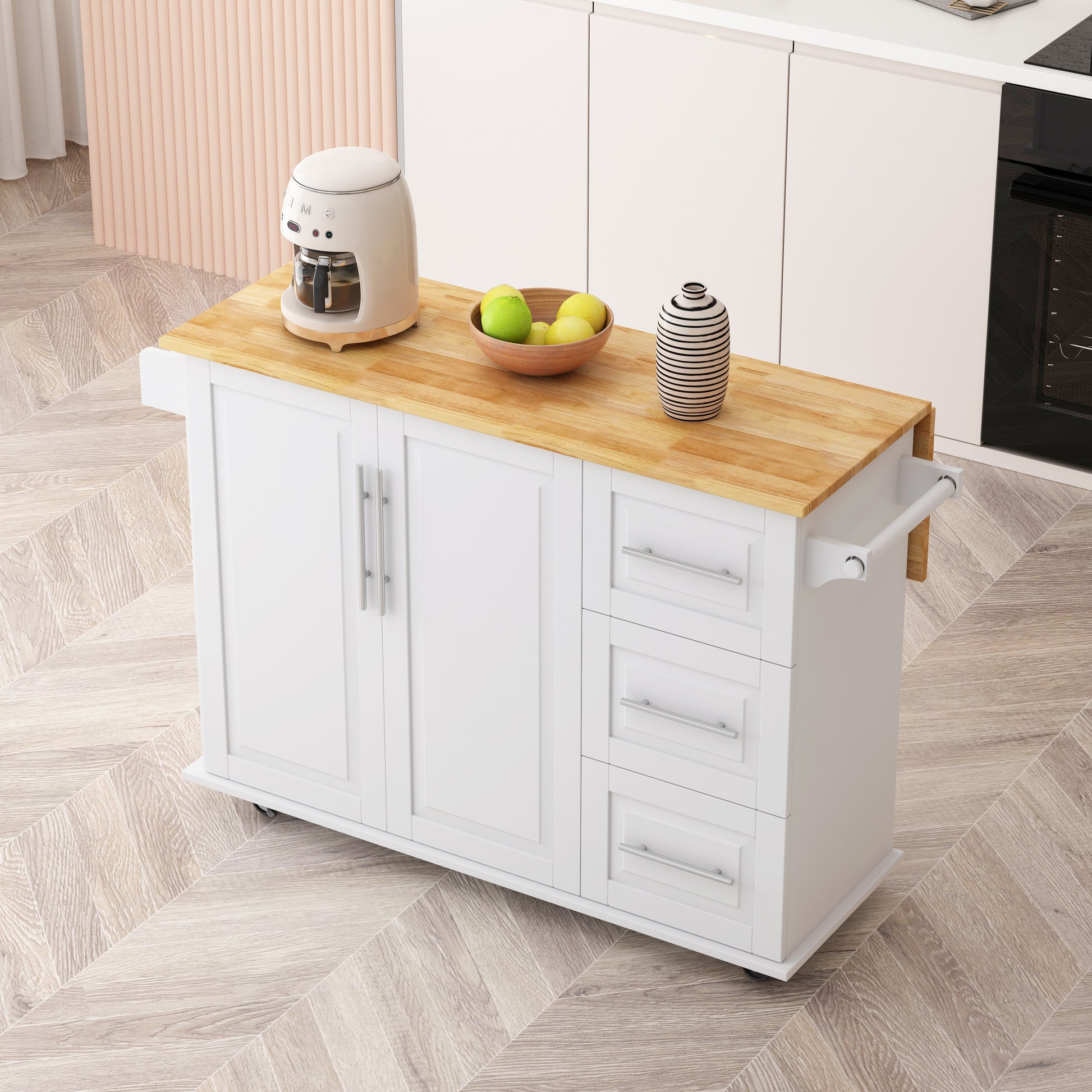 White kitchen island with wood countertop drawers and cabinet doors on wheels
