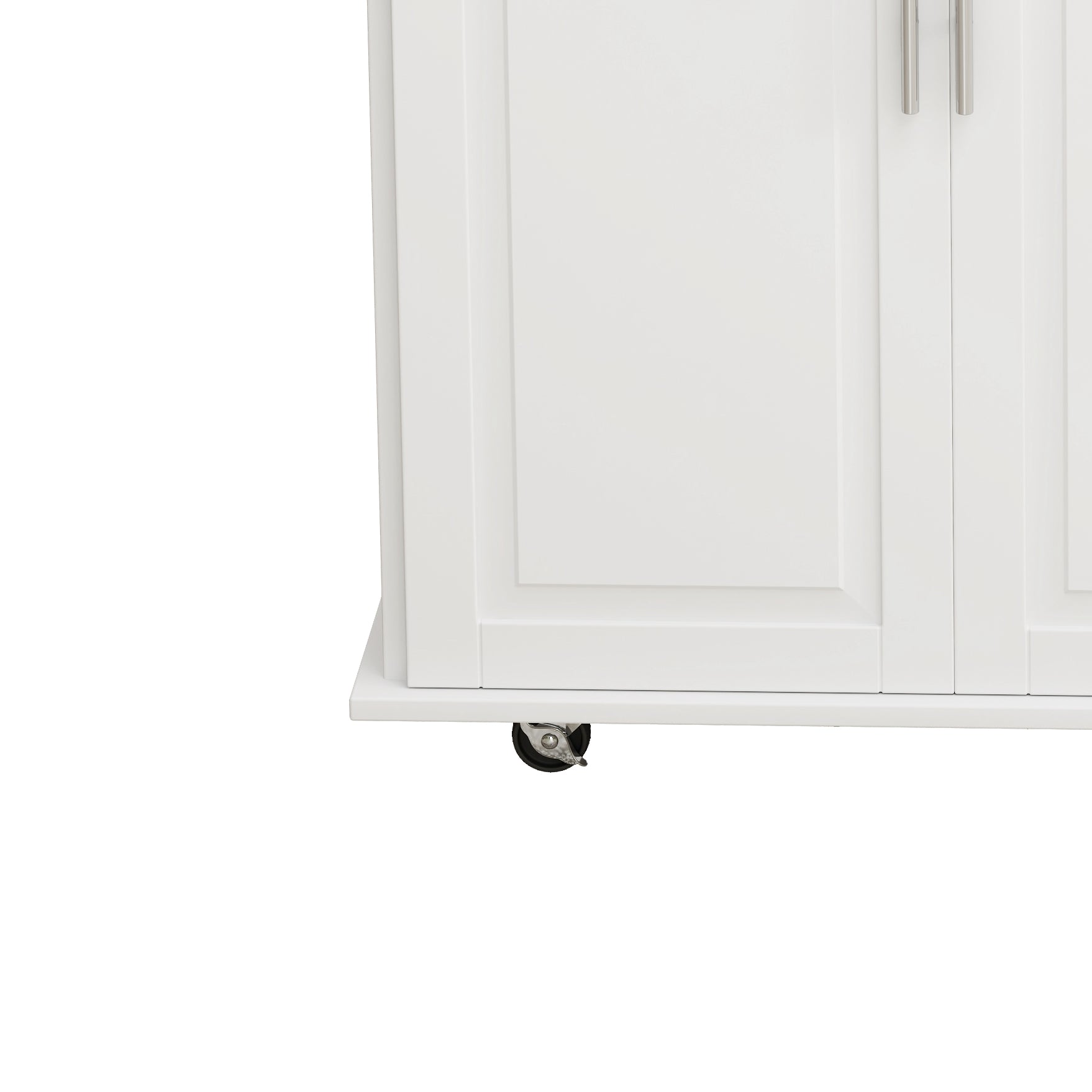 White wooden cabinet with silver handles and one visible caster wheel