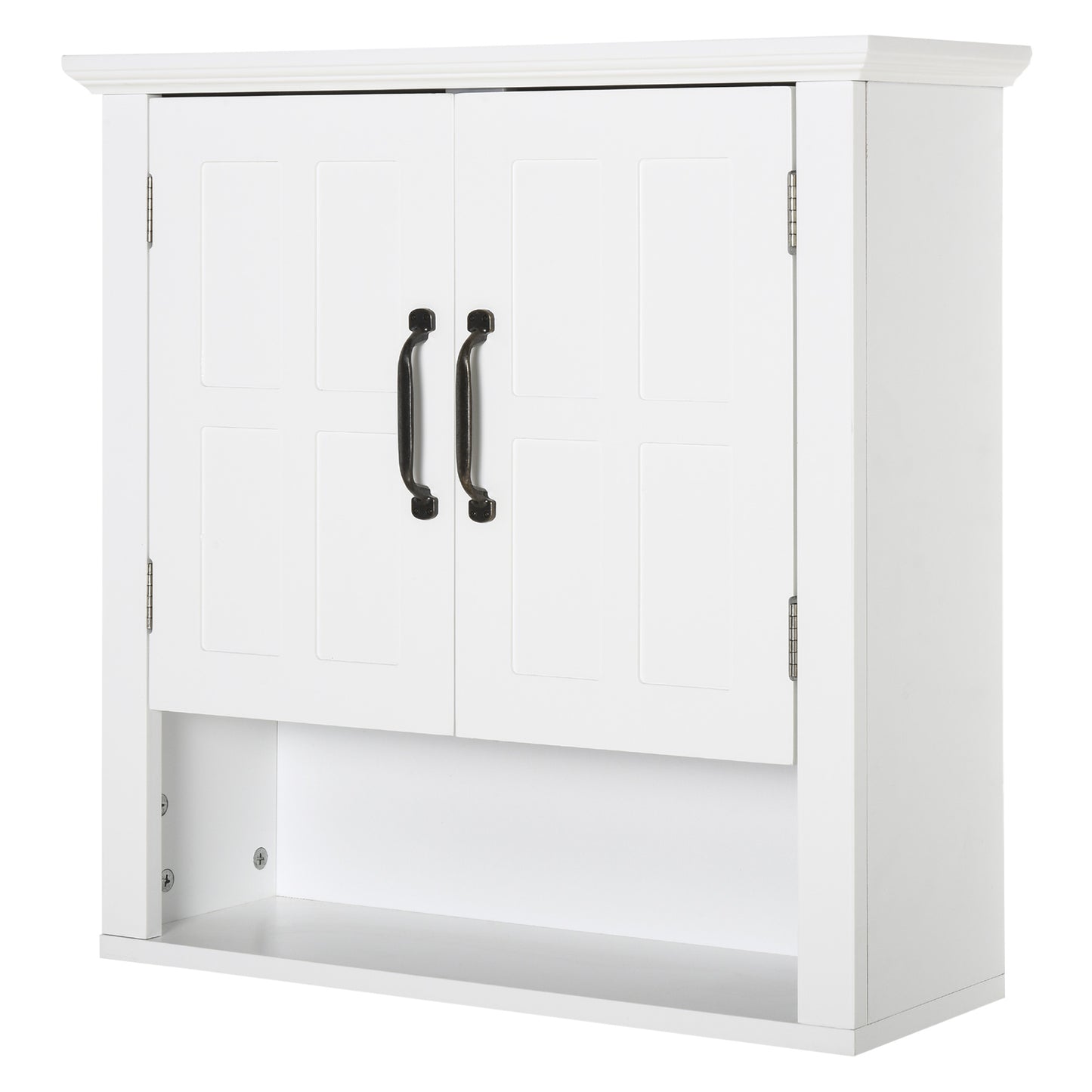 White wallmounted cabinet with two paneled doors and oilrubbed bronze handles